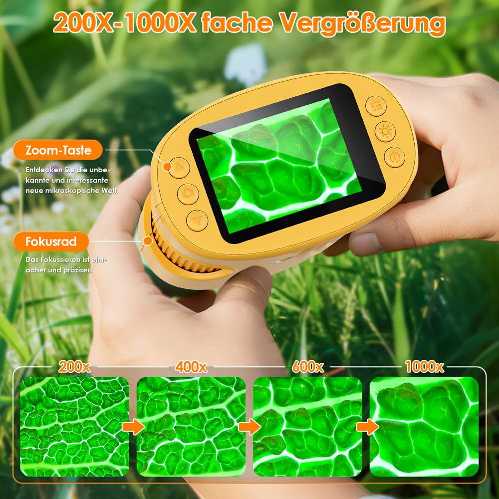 Microscopio per bambini, Temodu Microscopio Digitale da 2.0‘’, Elettronico Portatile 1000X con 8 luci LED Regolabili, può essere utilizzato come regalo di compleanno o di Natale 3 agli