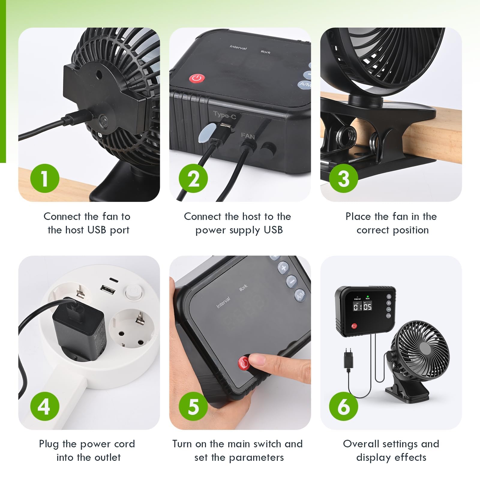 Growbox Ventilator mit Timer, 360° Umluftventilator für Pflanzen, LED Display, 1–60 Min Laufzeit & 1–24 Std Intervall, 2,9 m Kabel, Pflanzenventilator für Gewächshaus, Terrarium und Kleintiergehege