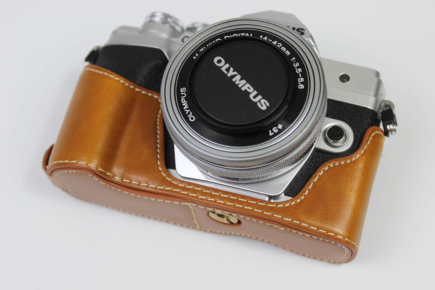 E-M10 Mark IV Case, BolinUS Handmade PU Leather Half Camera Case Bag Cover Bottom Opening Version for Olympus OM-D E-M10 Mark IV with Hand Strap (Brown)
