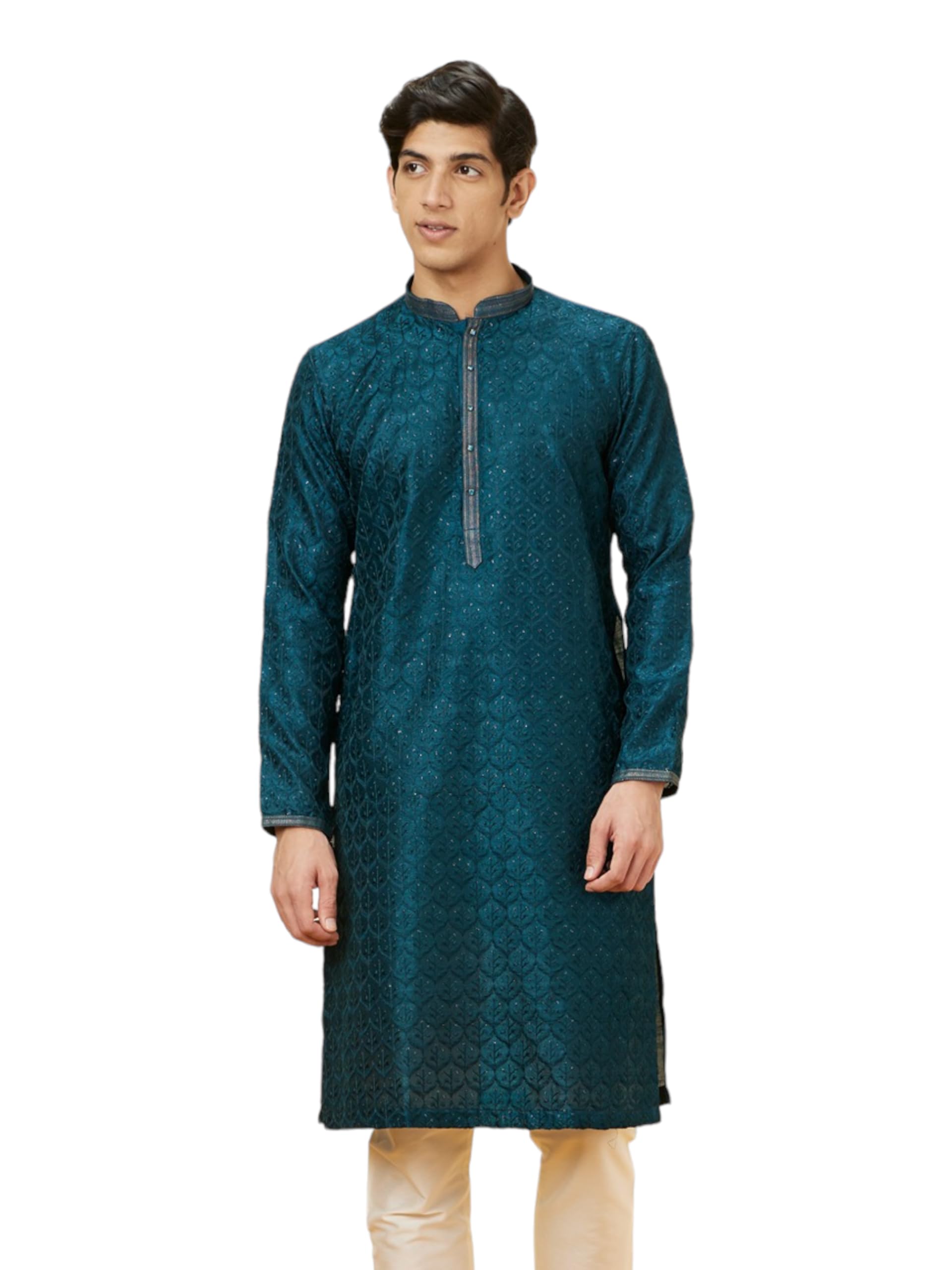 manyavar Men's Art Silk Jaal Patterned Kurta Set with Rhinestones(2pcs)-picture-38