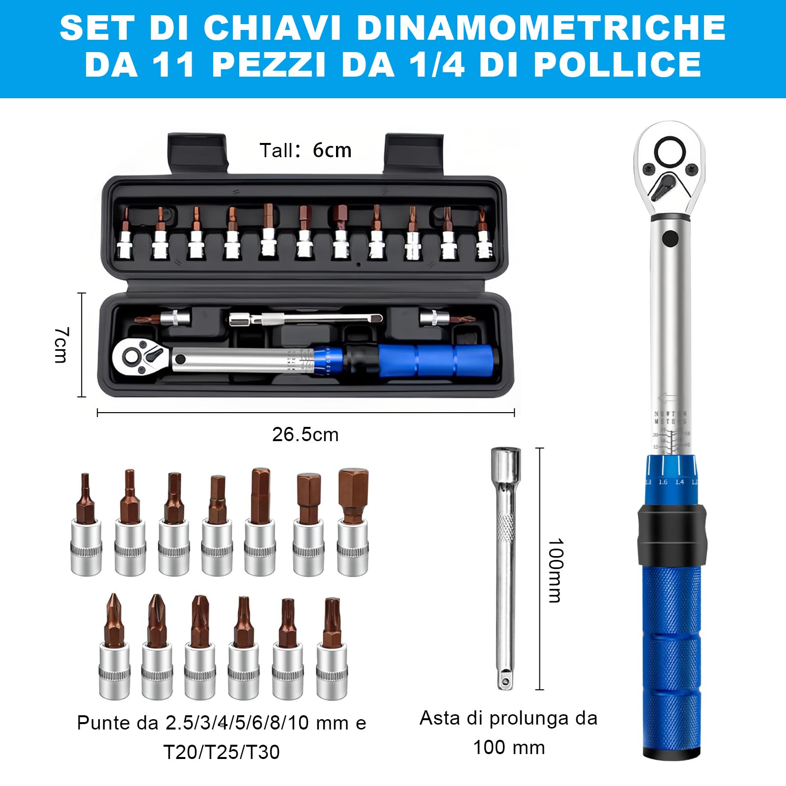 15 Pezzi Chiave Dinamometrica 1/4", Precisione ±3%, 2-24 Nm Chiave Dinamometrica Bici, Dinamometrica Set con Punte e Asta di 100mm Prolunga, per Bicicletta, Moto