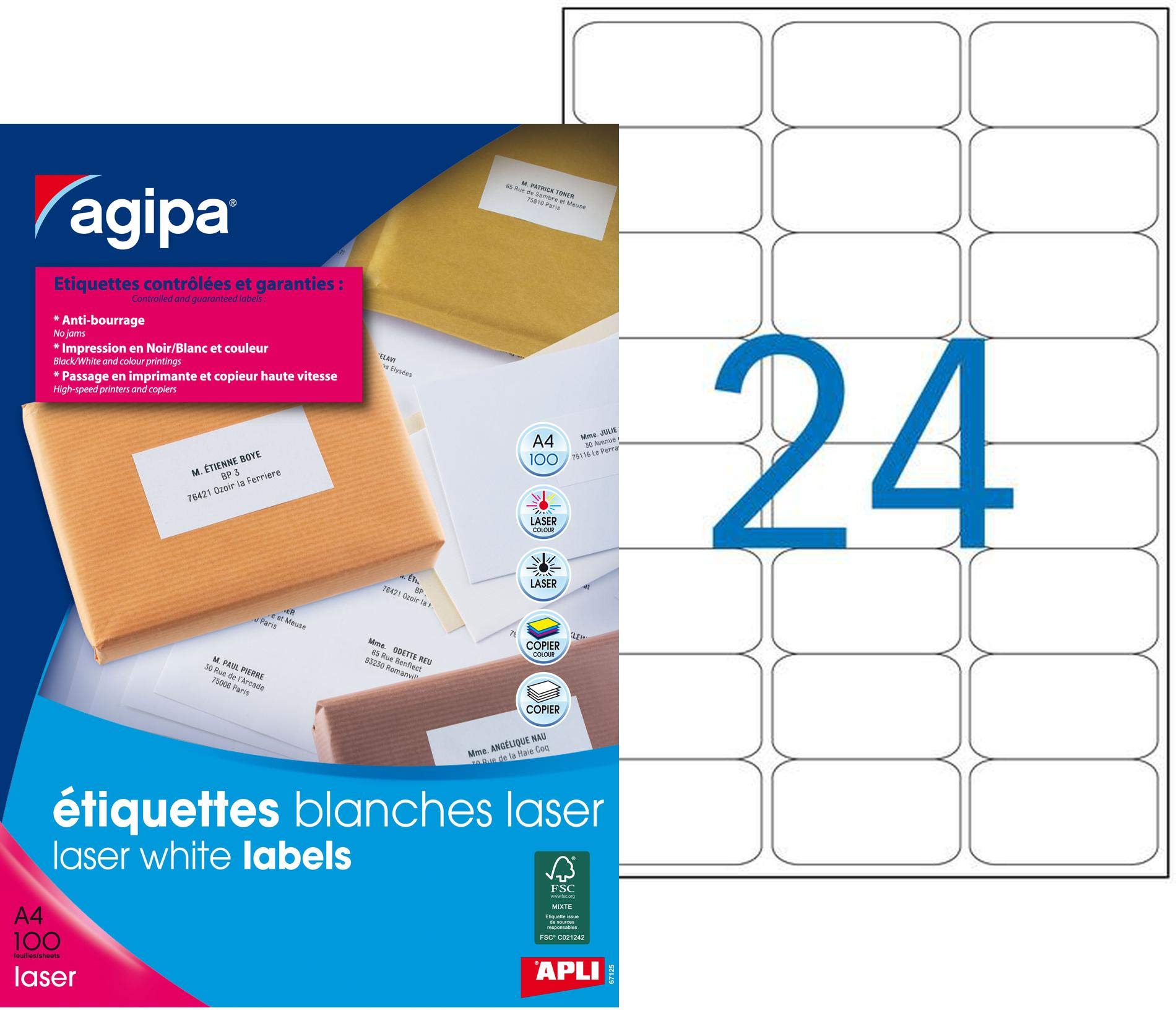 2400 Étiquettes Adhésives Apli Agipa | 63.5x33.9mm | Blanc | Anti-bourrage | Certifié FSC