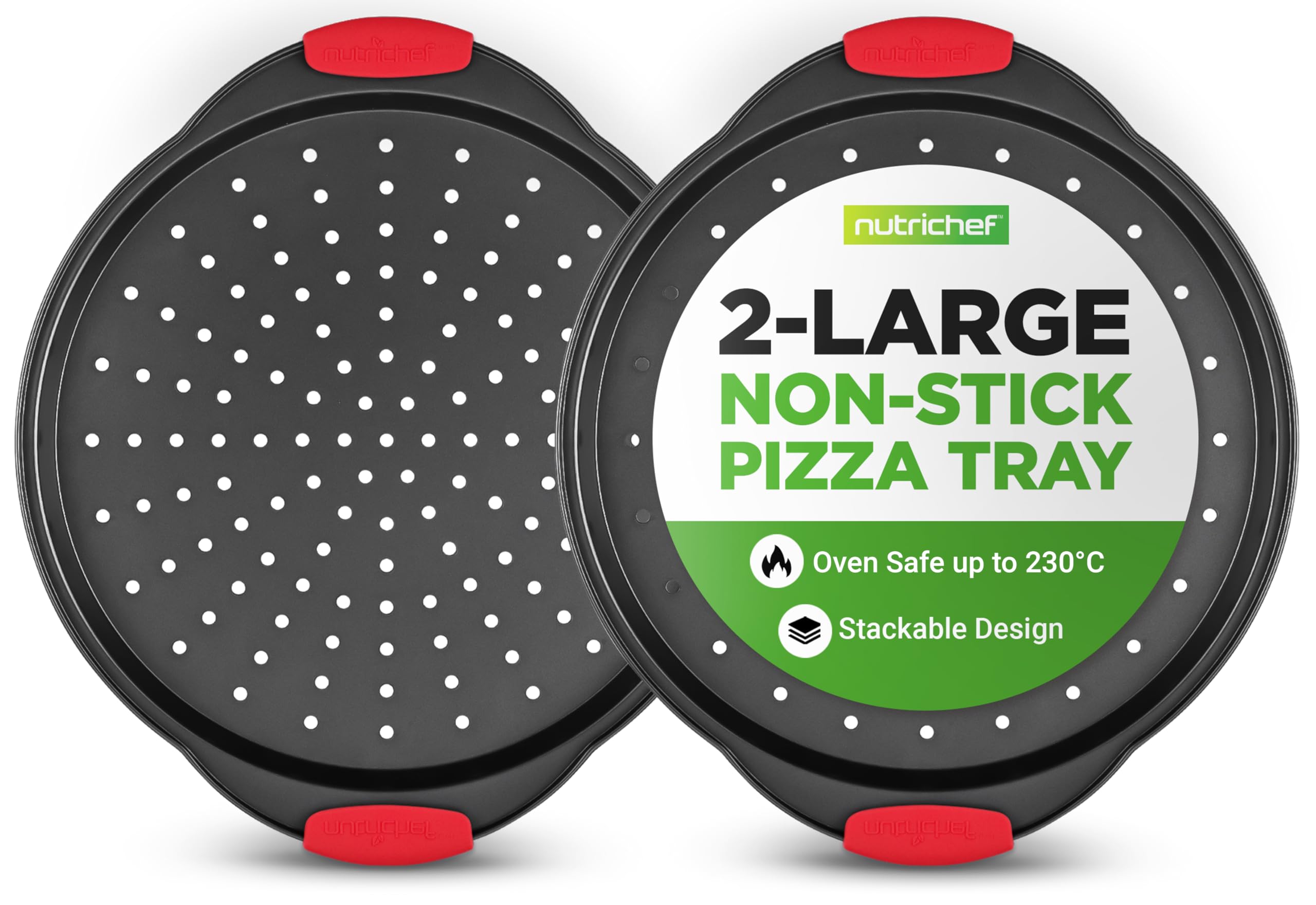 NutriChef 2-Pc. Non Stick Pizza Tray - with Silicone Handle, Round Steel Non-Stick Pan with Perforated Holes, Dishwasher Safe, Pizza Tray with Silicone and Oversized Handle, PFOA, PFOS, PTFE Free