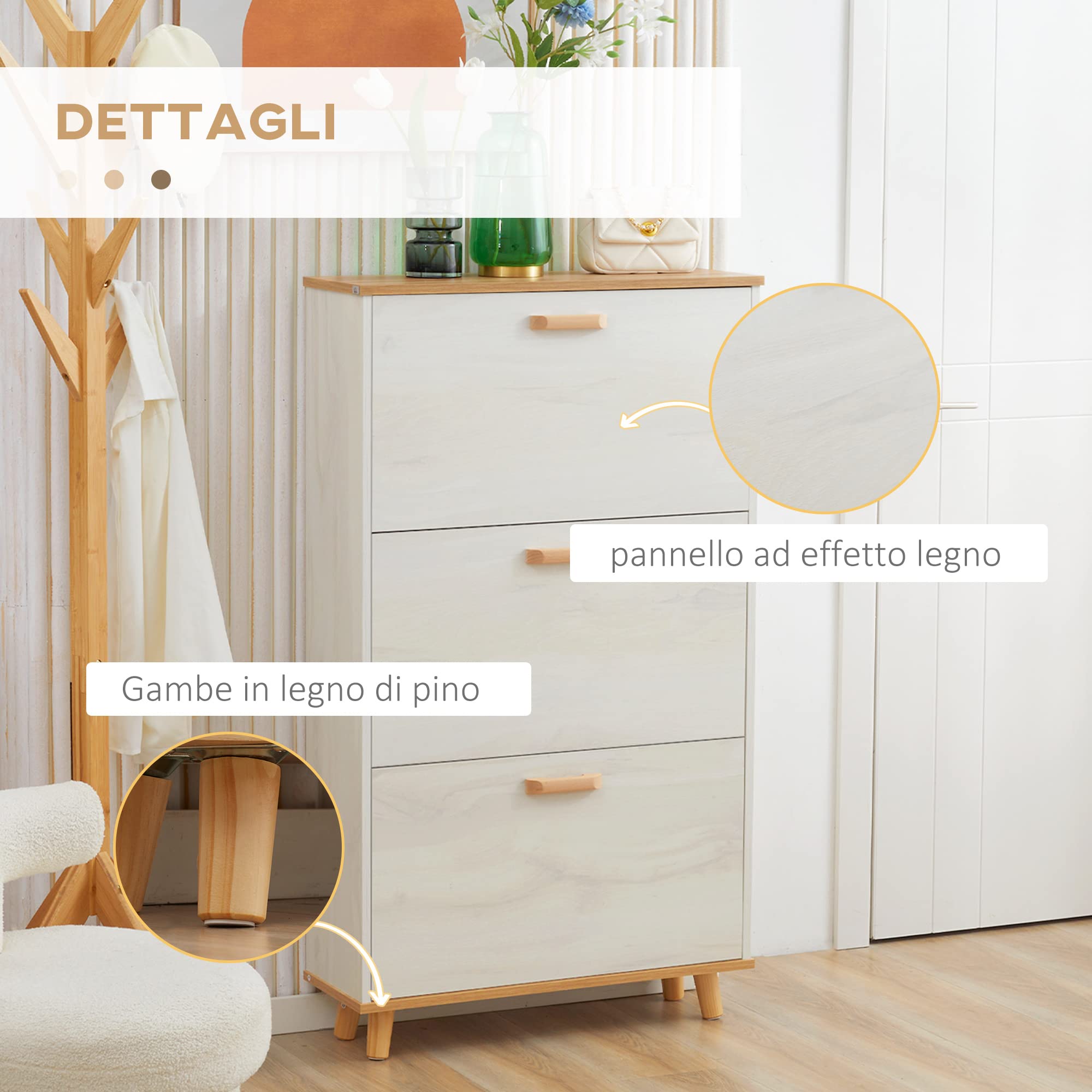 HOMCOM Mobile Scarpiera Salvaspazio in Truciolato con 3 Cassetti e 2 Ripiani Interni Regolabili, 70x23.5x122 cm, Bianco