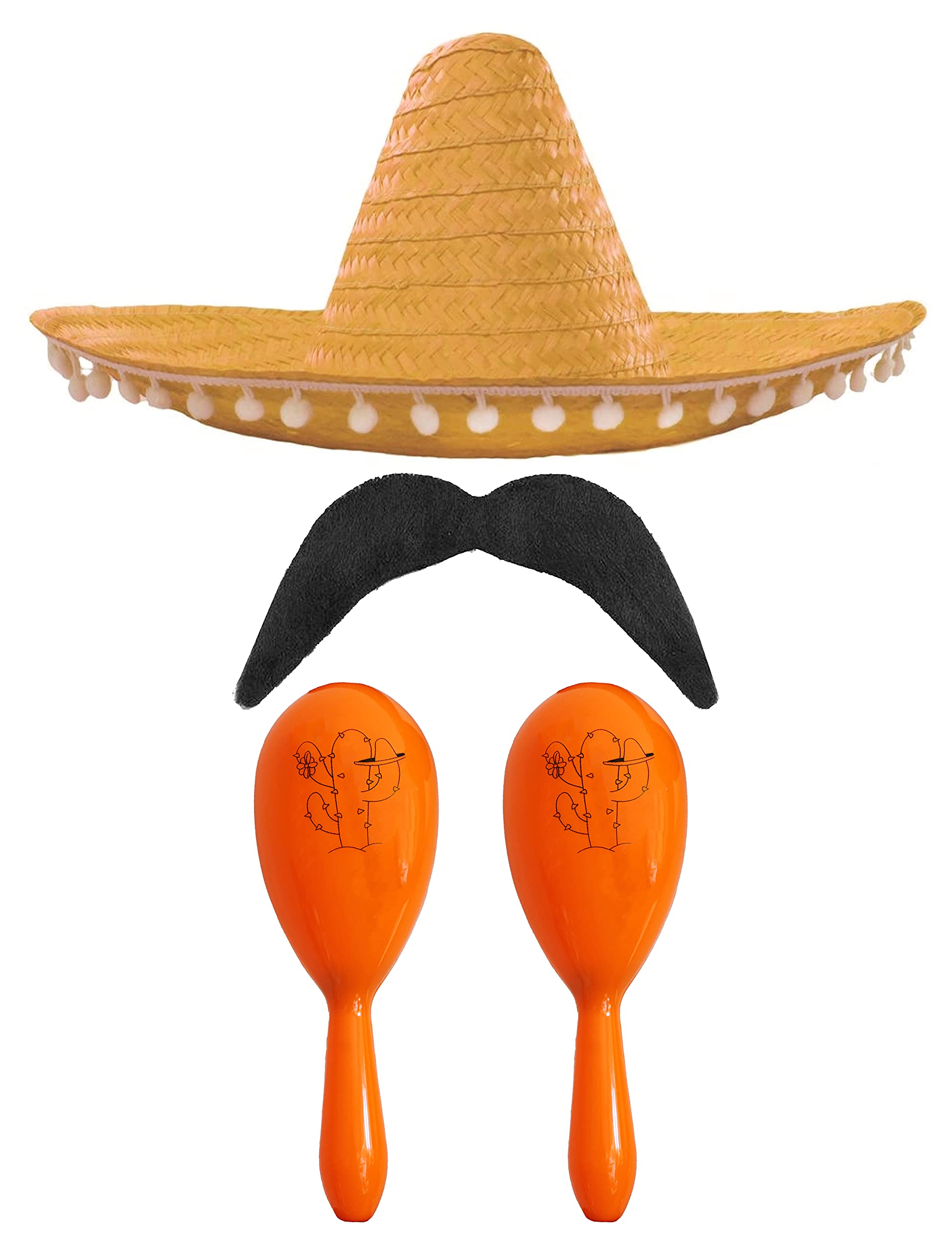 Adults Mexican Accessory Set - Natural Mexican Sombrero, Orange Maracas, Moustache - Mexican Cinco de Mayo Sensorita Bandit Mariachi Fancy Dress Costume Accessory Set