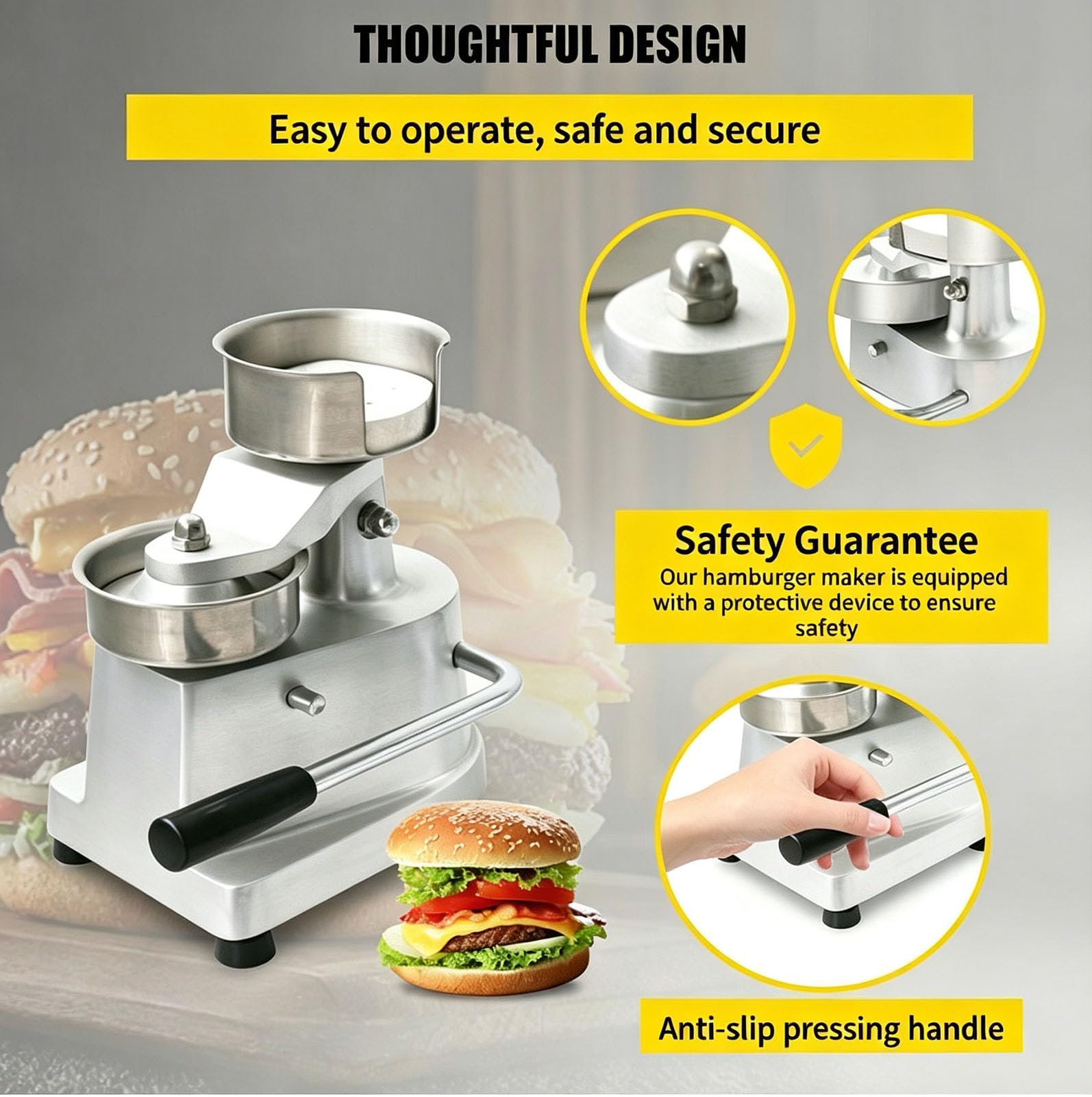 Runde Burgerpresse Manuell, Patty-Former mit Edelstahlteilen für Gartengrill, Street Food, Catering und kleine Gastronomiebetriebe,Pressing ⌀130mm
