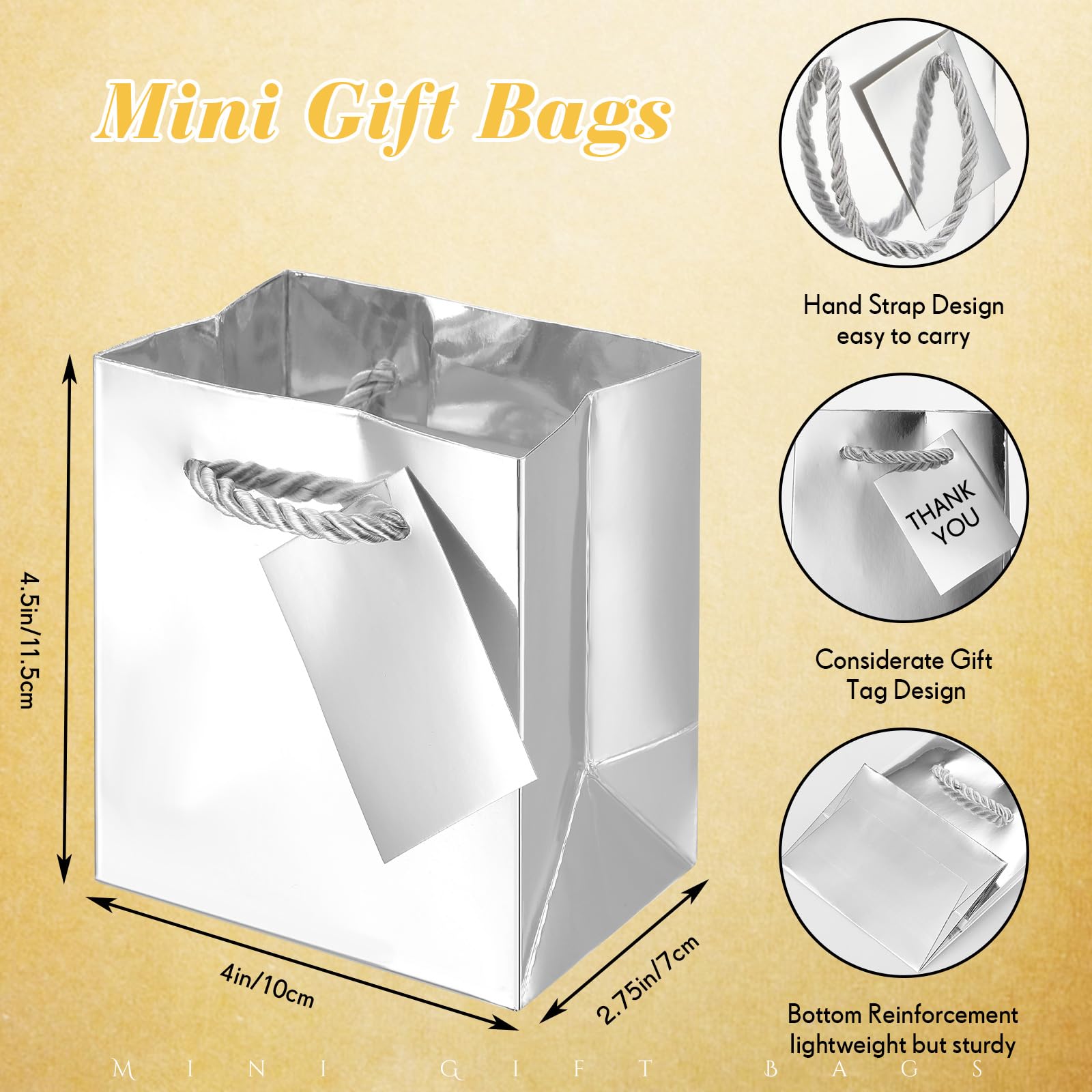 Sherr 100 Pcs Mini Gift Bags Bulk, 4 x 2.75 x 4.5 in Paper Bag with Tag, Extra Small Paper Gift Boxes with Handles for Birthday, Party Favor, Wedding, Small Business, Spring Easter(Silver)