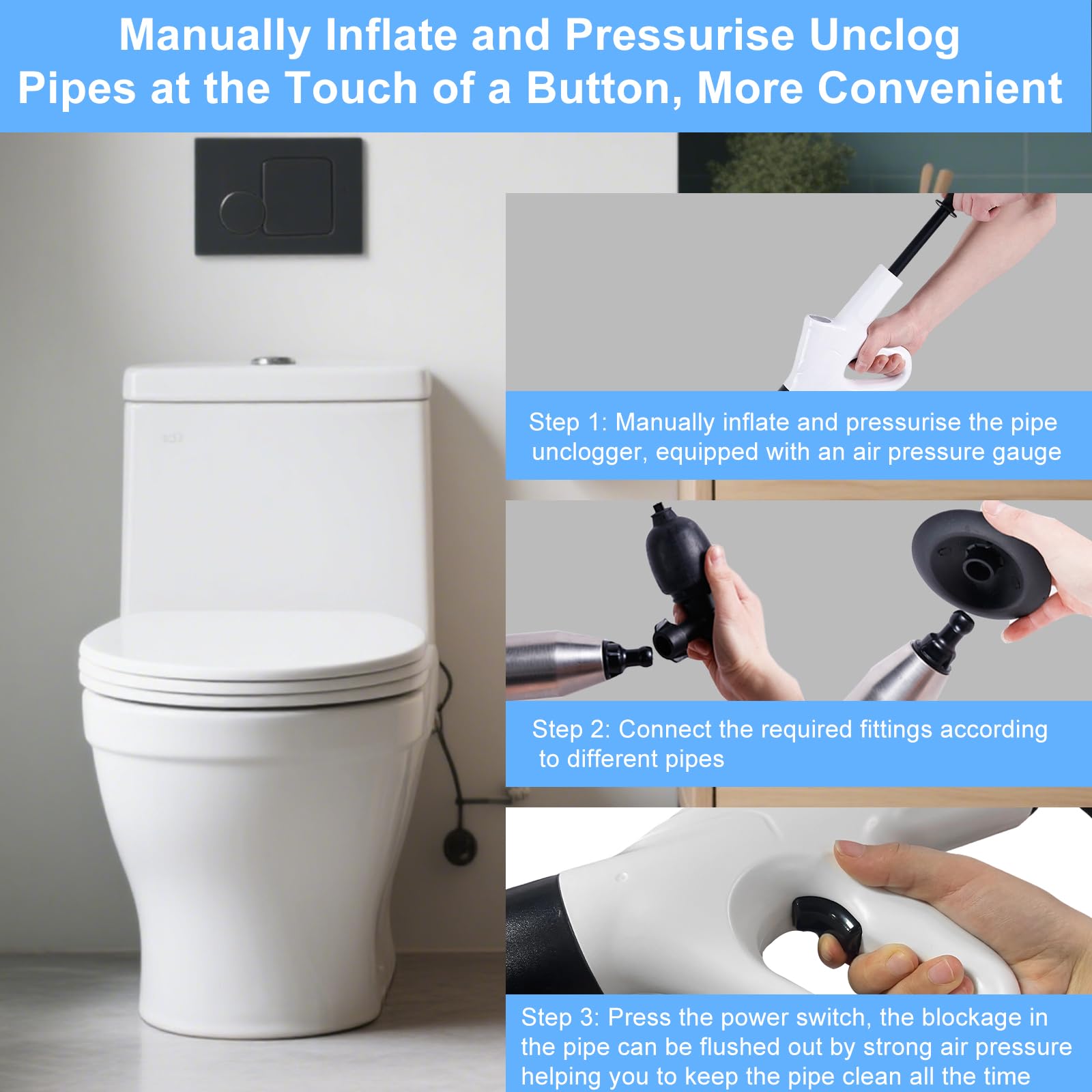 Pulitore per tubi con indicatore di pressione dell'aria, 4 ventose, pulitore per tubi ad aria compressa, per lavabo, WC, bagno, doccia, cucina