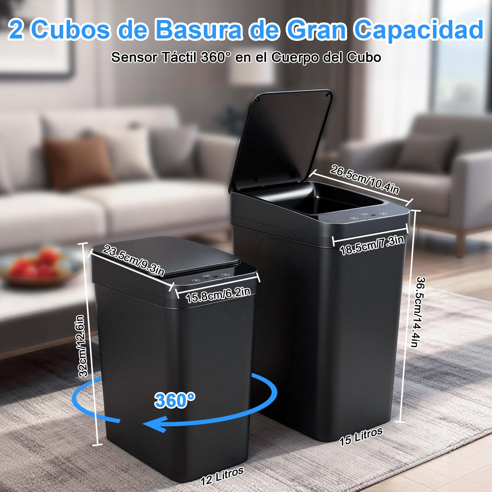 Set de 2 Cubos de Basura Automáticos (15L y 12L) con Tapa Inteligente – Cubo Basura Automático, Papelera Silenciosa e Impermeable con 3 Modos de Funcionamiento, Ideal para Cocina, Baño y Oficina Negro