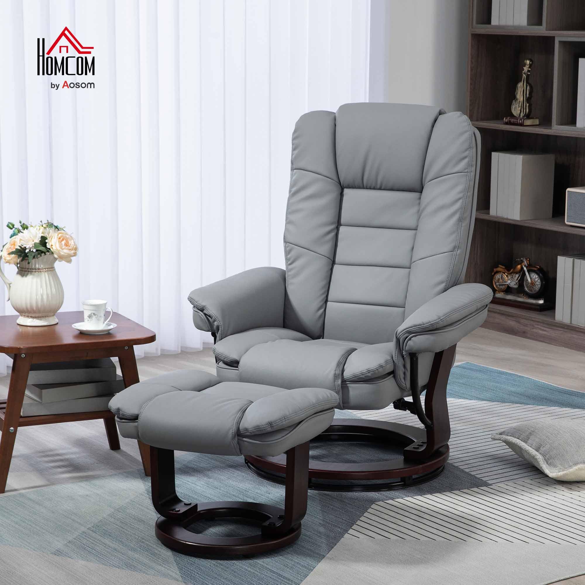 HOMCOM Relaxsessel mit Hocker 360°Drehbarer Fernsehsessel mit Liegefunktion TV-Sessel Ruhesessel bis 130 kg belastbar für Wohnzimmer Kunstleder, Grau