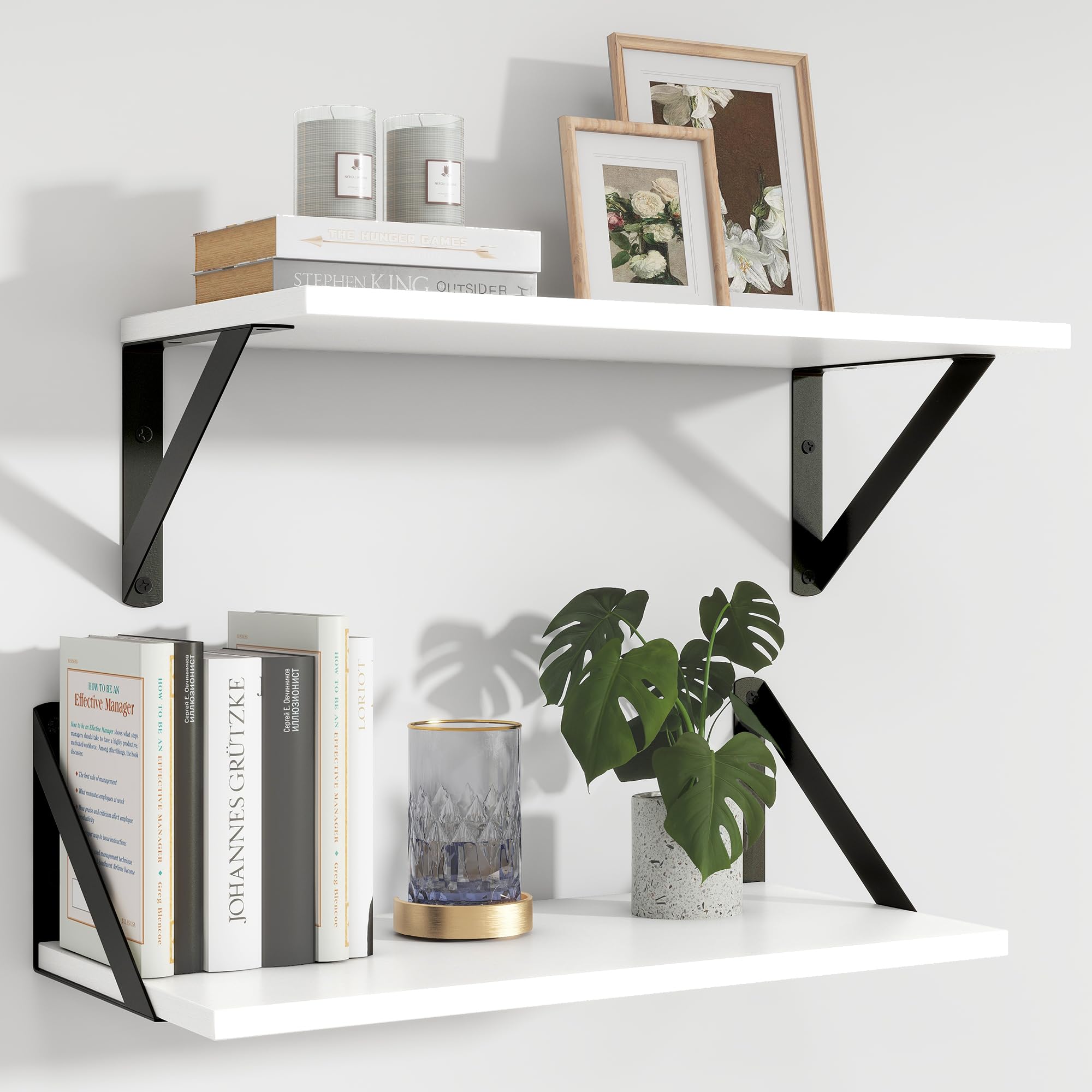 Feihorrm Floating Shelves Set of 2, 40 x 20 cm Deep Shelves for Wall White Wooden Book Shelf with Metal Brackets
