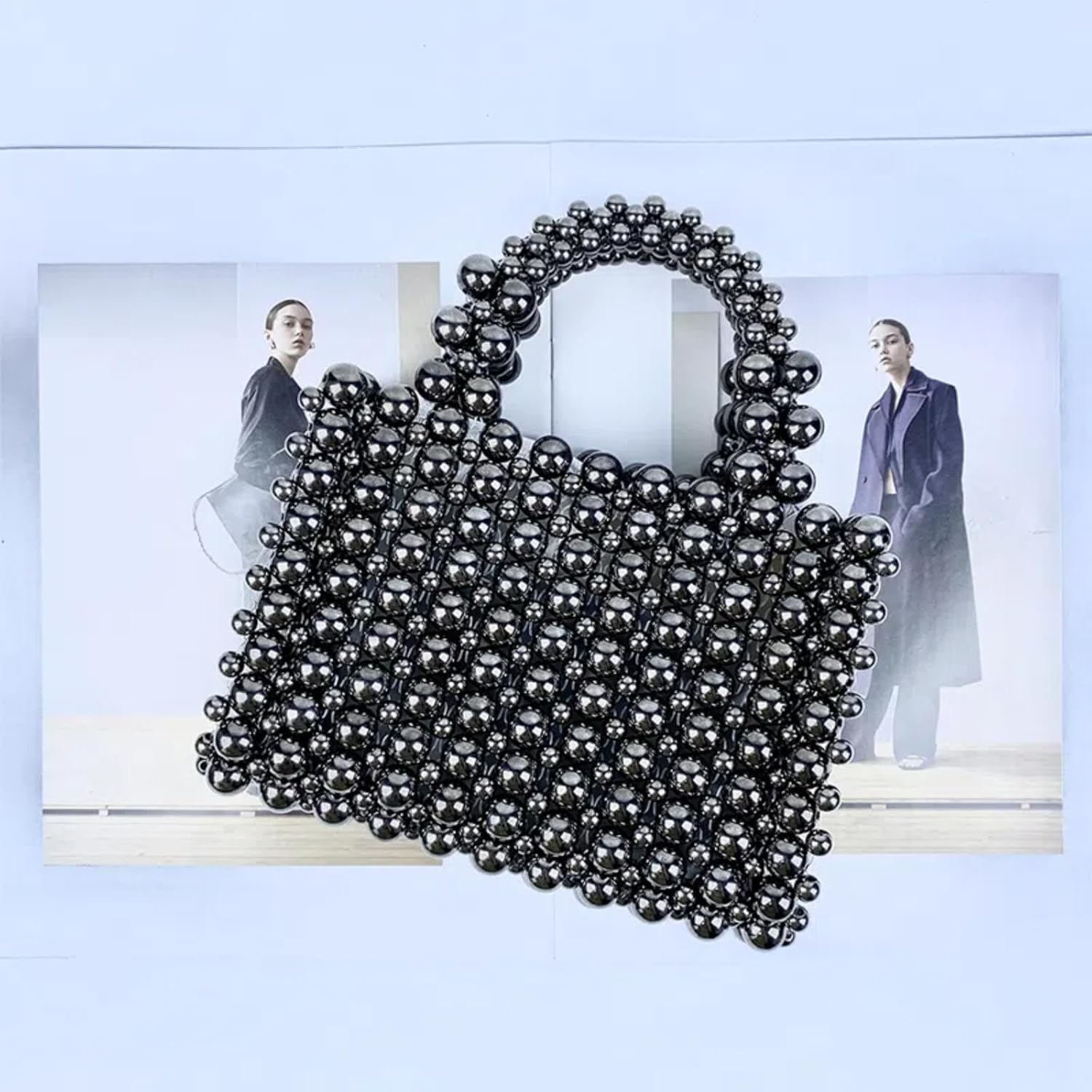 Pearl Bag, Acrylic Beaded Handmade Women’s Bag, Pearl Clutch Purse Handheld Small Square Handbag for Women Party - Image 2