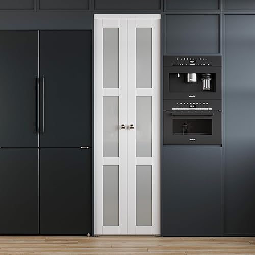 Miniatura 3 de Puerta pivotante francesa para apertura de 24" x 80" pulgadas, paneles de vidrio esmerilado doble con herrajes, giro para despensalavanderíacuarto