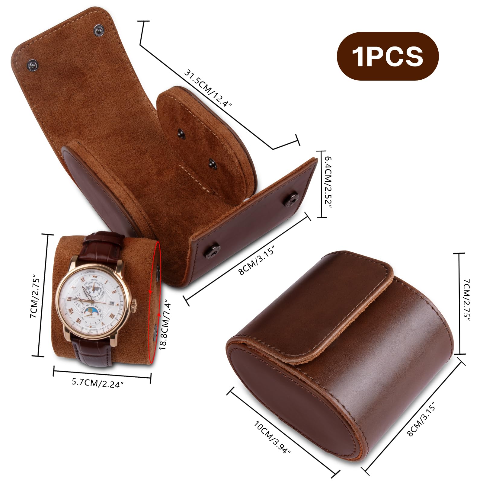 1 Slots Zylindrische Uhrenbox, Uhrenrolle Reisetasche Vintage Uhrengehäuse für Männer Frauen - Braun Upgrade-Version