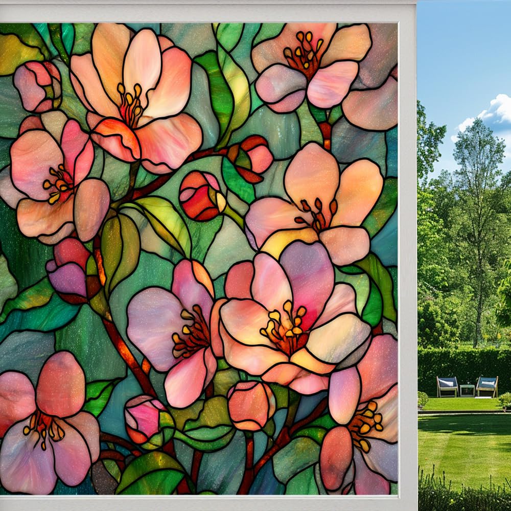 Colorful Flower Stained Glass Window Film, Romantic Floral Botanical Peel and Stick Privacy Film, Frosted Adhesive Vinyl Decorative for Bathroom Windows Glass Doors, （90x160cm）