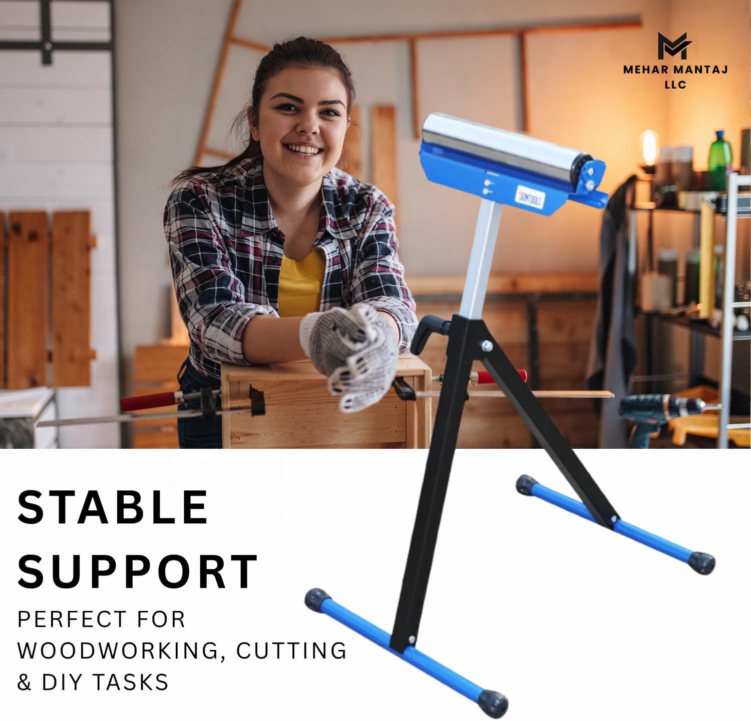 Folding Roller Stand – 1 Pack Adjustable Steel Support Stand with Smooth Roller, Anti-Slip Base & 60kg Load Capacity – Portable, Foldable Work Support Tool for Woodworking, Sawing, DIY, and Garage Use
