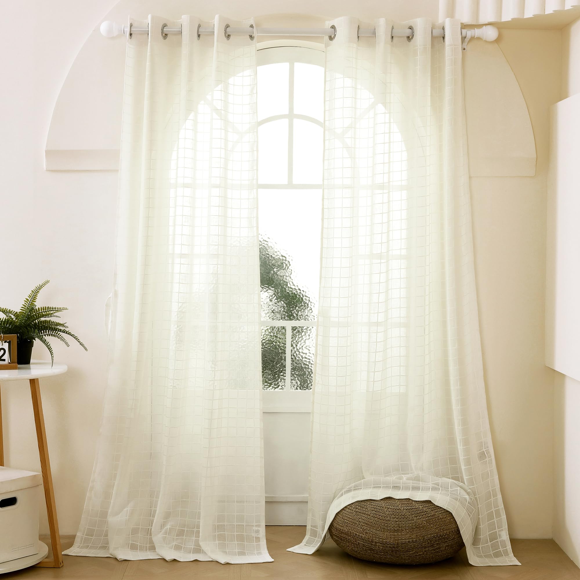 Story@Home Sheer Curtains 7 Feet Long Set of 1 | Checkered Print | Transparent Net Curtain | Door Curtains for Living Room | (118 X 215 Cm, Off White) | Elegant Airy Net Drapes for Home Decor