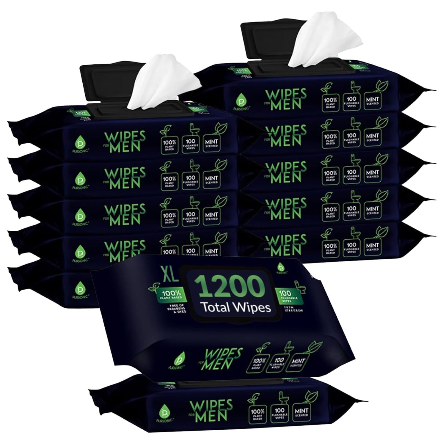 Pursonic Soft Mint Scented Flushable Wipes for Men - 12 Pack (1200) Plant Based Face and Body Wipes with Aloe Vera & Vitamin E - Extra Large Wipes for