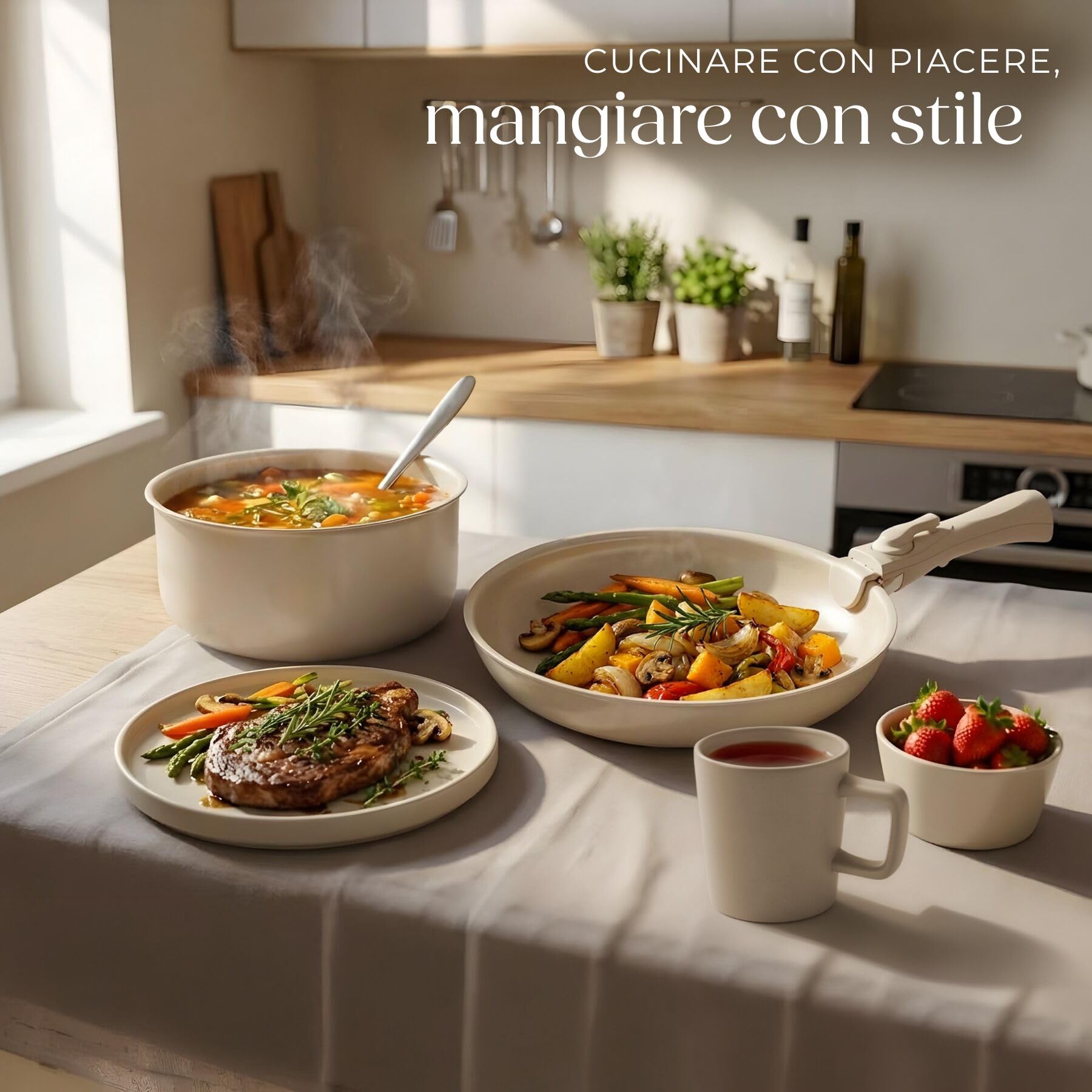 tectake® Set cucina per 6 persone 46 pcs, stoviglie e pentole, 24 pcs piatti ciotole e tazze, adatte a microonde, 11 pcs padelle, coperchi pentole manici removibili, spatola, mestolo - Tortora/Bianco
