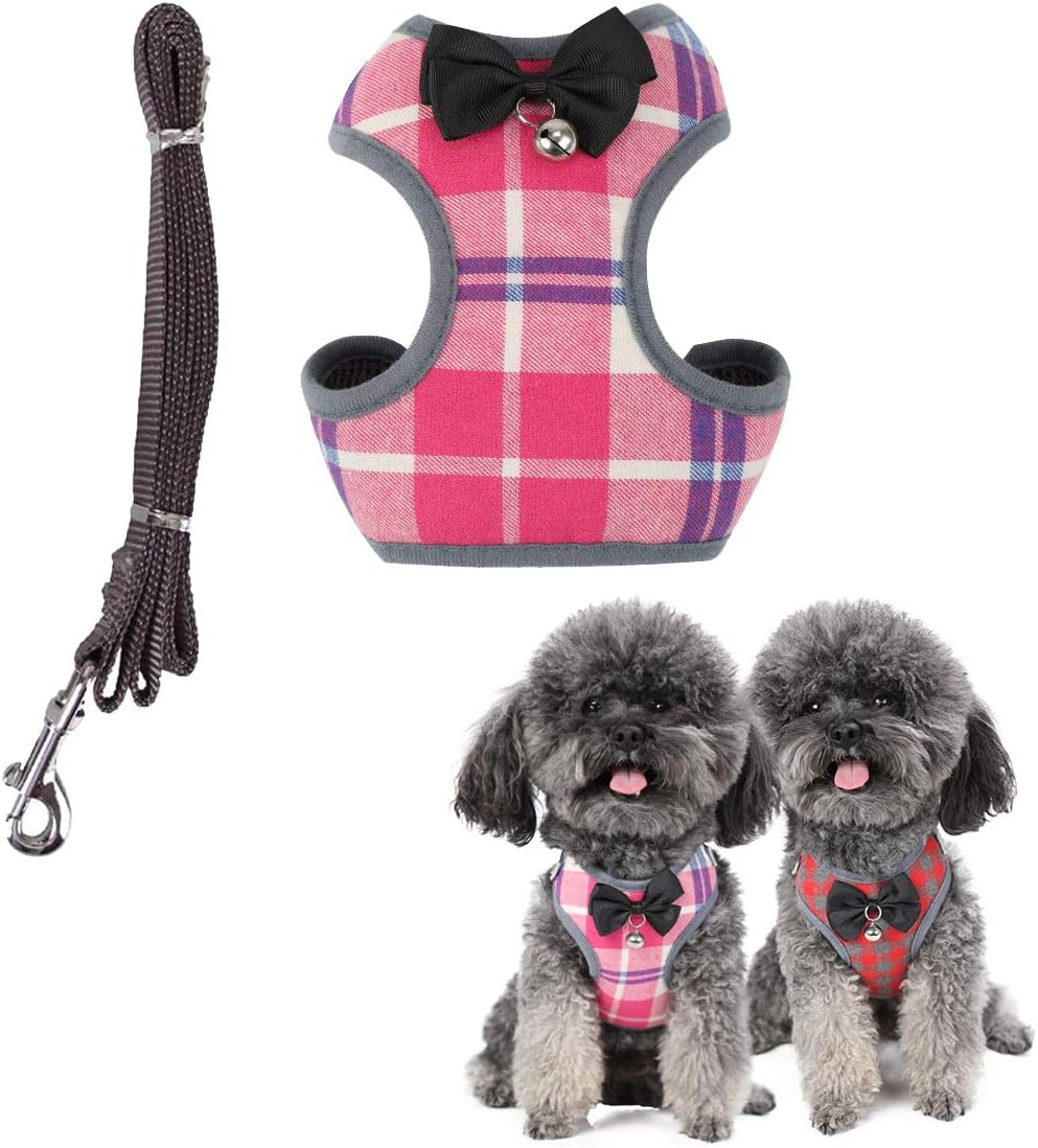 Kismaple Soft Mesh Dog Harness with Leash Set Puppy Cat Adjustable Cosy Classic Vest Harness with Cute Bow Tie Bell Chest Harness for Small Medium Dogs and Cats (S Chest: 9-16.5in, Pink)