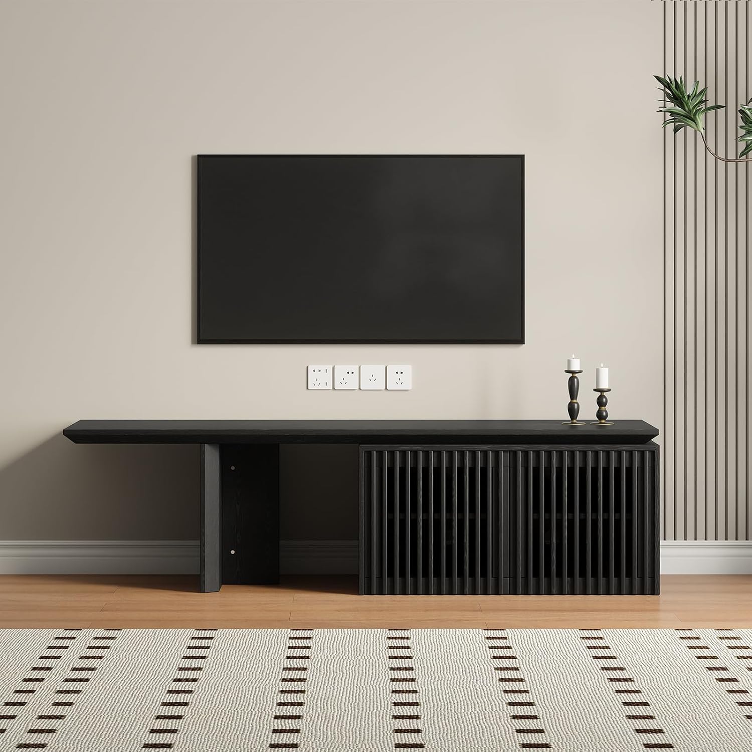 XEW Extendable TV Stand with Storage and Shelves, Wood Entertainment Center for 55+ Inch TV, Modern TV Console, Minimalist Media Console for Living Room, Bedroom-Black (Extendable: 60.6"-84.3")