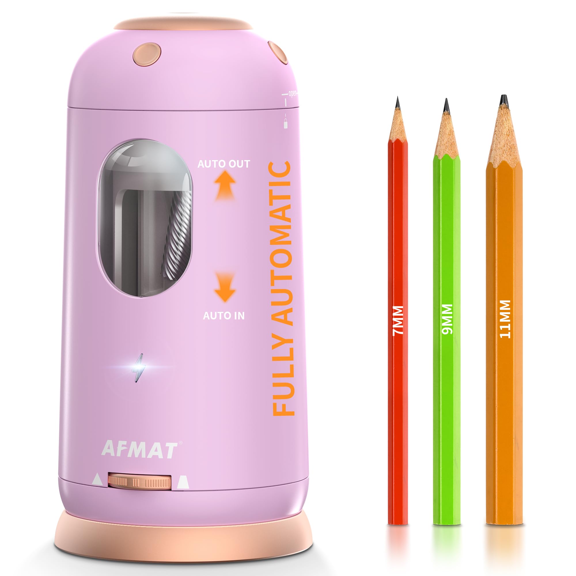 AFMAT Electric Pencil Sharpener, Rechargeable Automatic Pencil Sharpeners for Large Pencil 7-11.5mm, Auto in/Out, Ringdots Desktop Sharpener with Container for School/Home/Office Use, Purple, PSC8