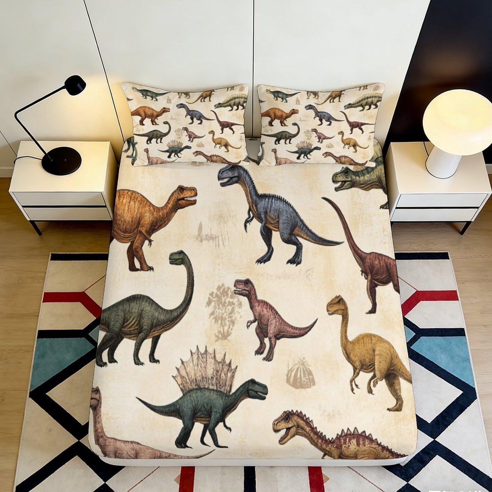 3D Printed Dinosaur Fitted Sheet Microfiber Soft Breathable Prehistoric Creatures Bed Cover for Bedroom Dormitory Guest Room Mattress Protection Decor 90x200x25cm