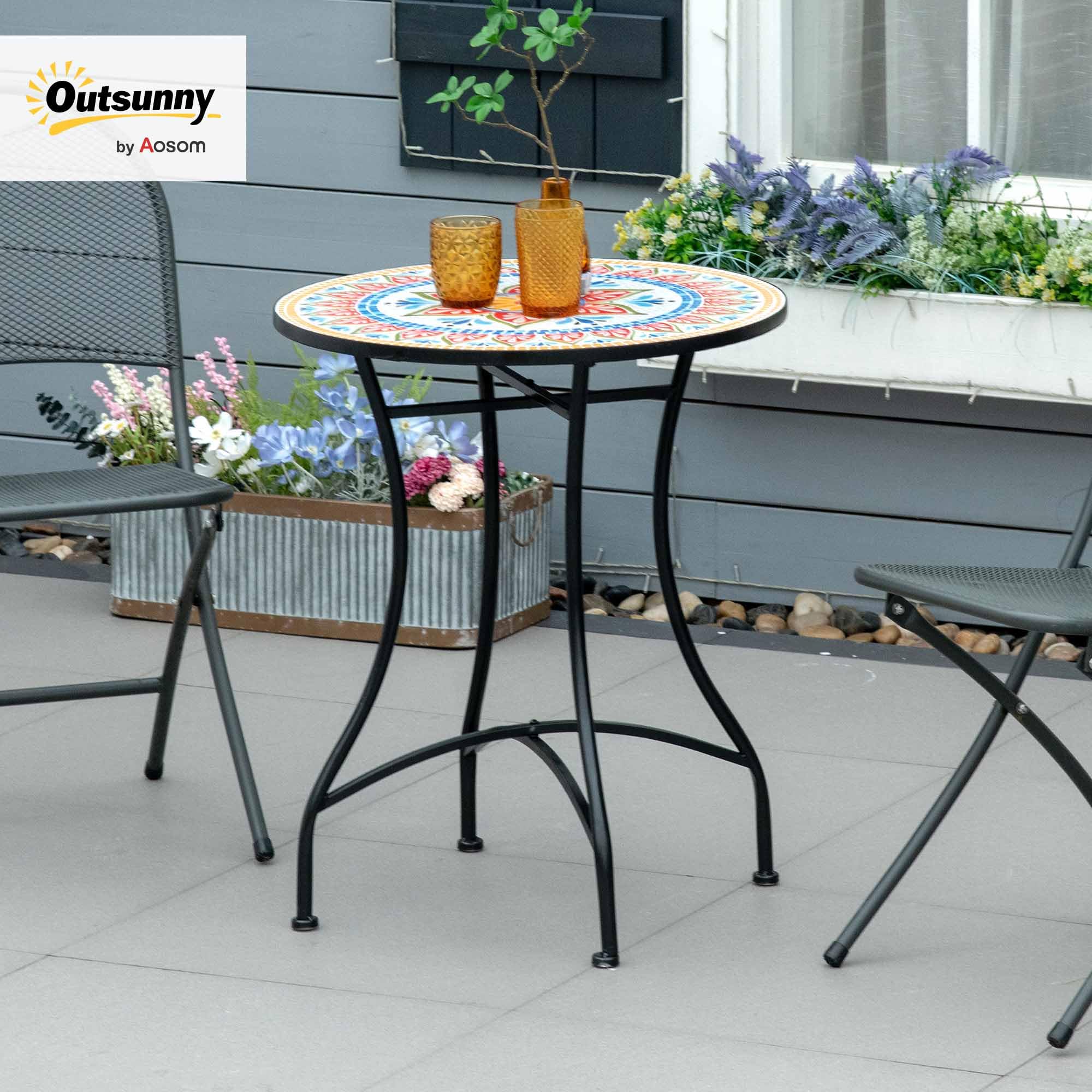 Outsunny Stół ogrodowy, mozaika, okrągły, stolik bistro, stolik pomocniczy z płytą mozaikową, ceramika, metal czerwony + niebieski + biały, Ø 60 cm