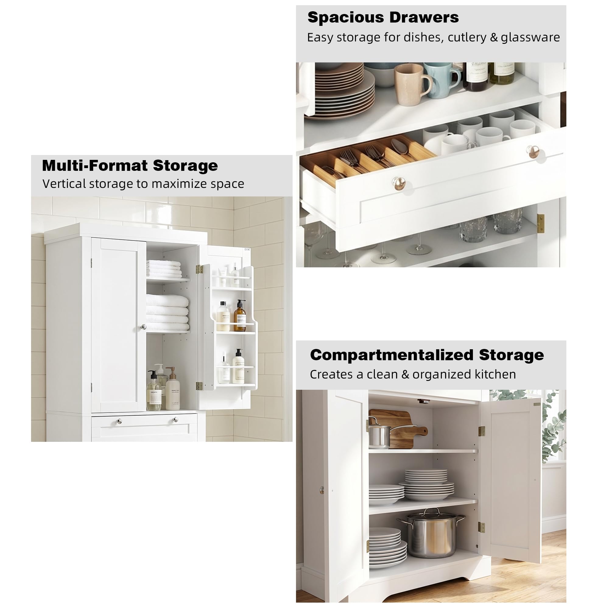 Küchenschrank, 182cm Vorratsschrank Weiß, Sideboard Wohnzimmer mit 1 Schubladen und 4 Türen, 76 x 40 x 182 cm, Spanplatte + MDF, Moderner Hochschrank Küche für Küche, Esszimmer und Wohnzimmer