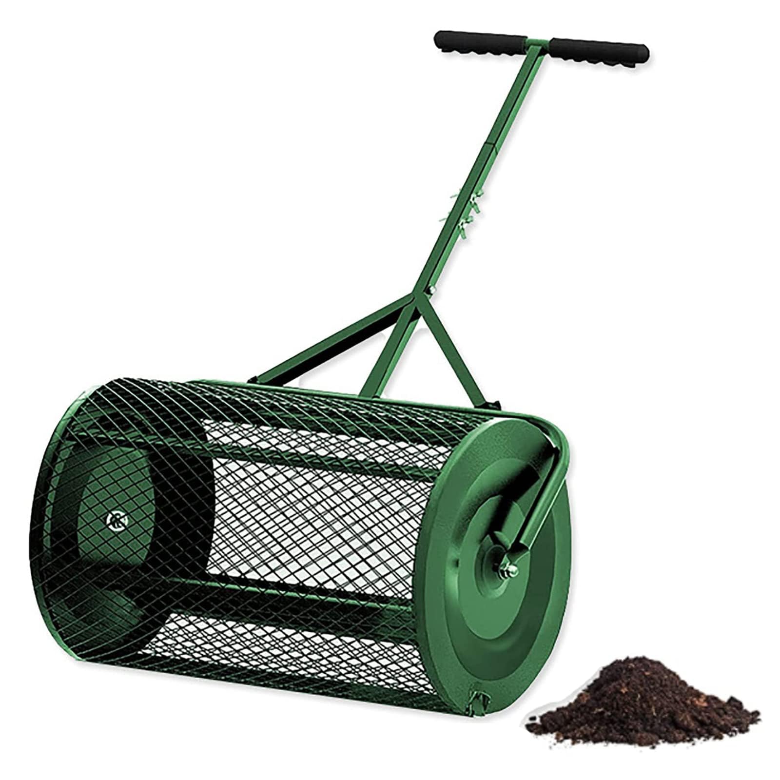 Esparcidor de compost con mango en T ajustable, malla de metal ligera para la distribución uniforme del fertilizante y del musgo de la terreza, herramienta de jardín ergonómica para el cuidado del cés