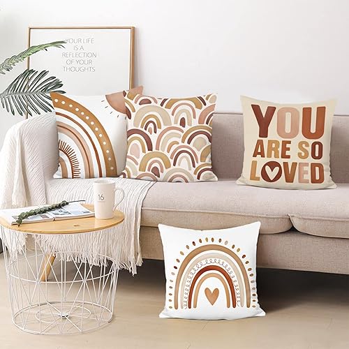 Miniatura 3 de Bonhause Juego de 4 fundas de almohada bohemias con diseño de arco iris de 18 x 18 pulgadas con cita inspiradora diseño de corazón fundas de cojín