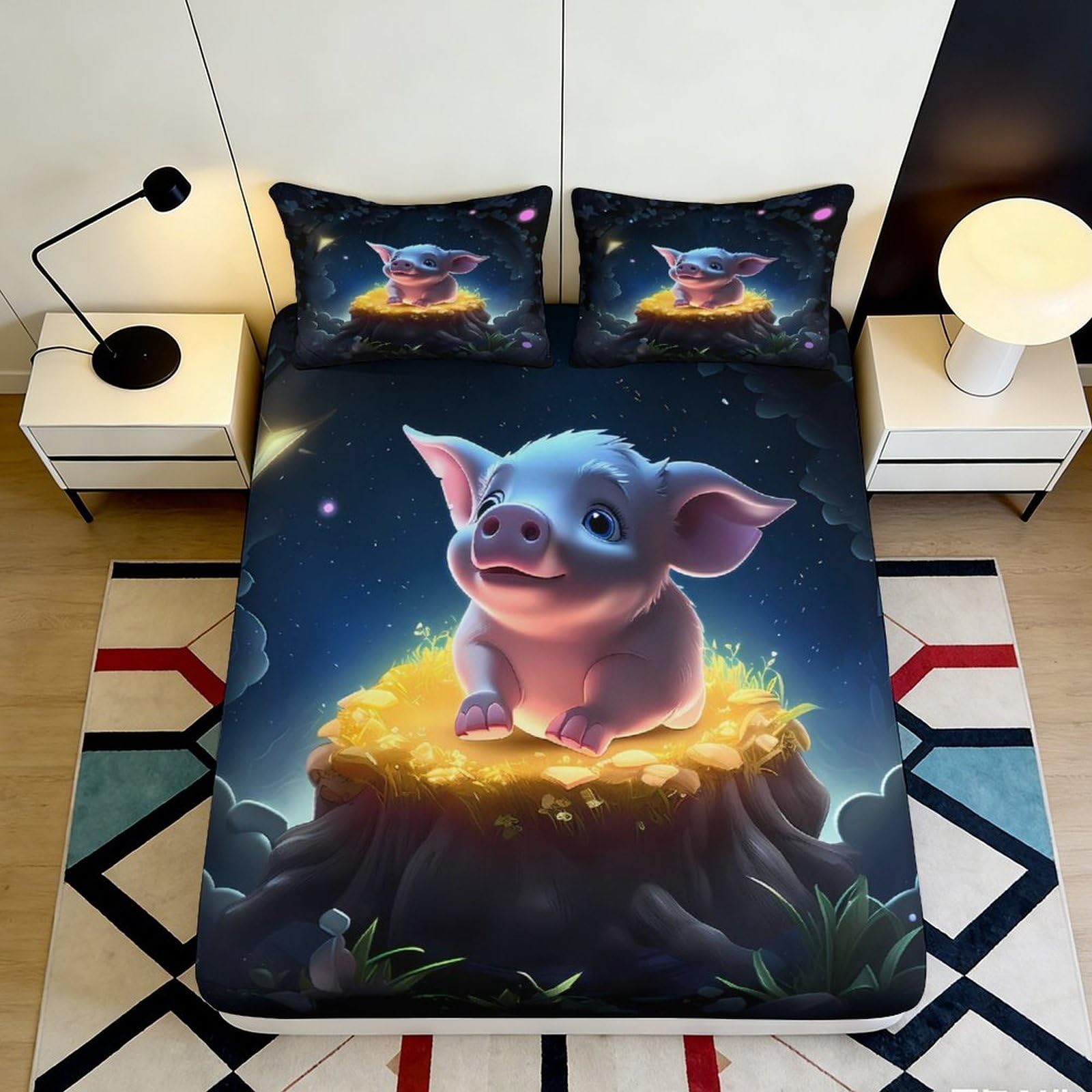 3D Printed Cartoon Pig Fitted Sheet Microfiber Deep Pocket Non-Slip Bedding Set Cartoon Pig Mattress Fitted Cover Elastic Full Wrap for Adult Teen 90x200x25cm