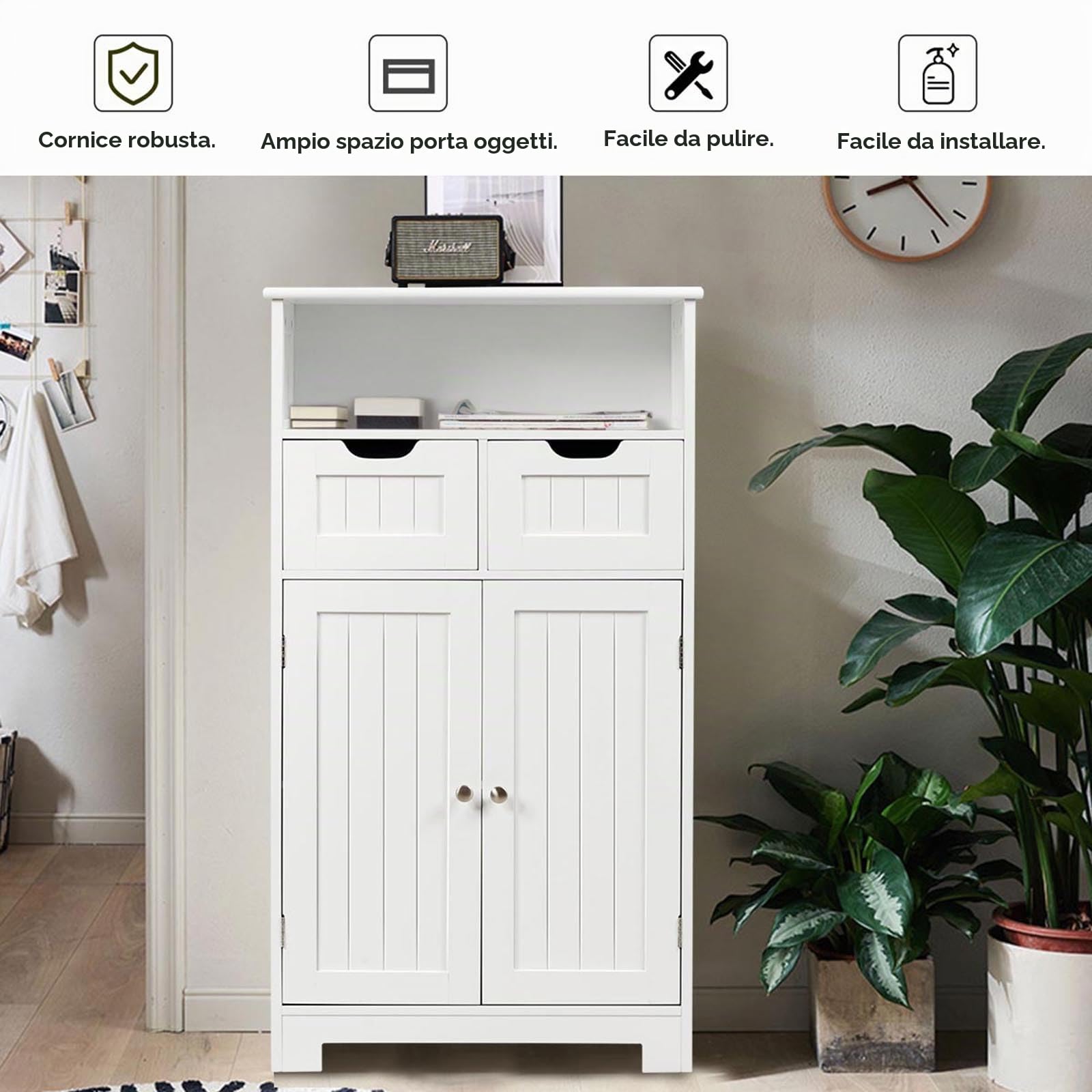 KOMFOTTEU Mobile da Bagno con 2 Cassetti e 2 Armadi a Porta, 60 x 30 x 109 cm, Armadietto da Terra Autoportante in MDF, Armadio d’Archivio per Soggiorno, WC, Camera da Letto, Cucina (Bianco)