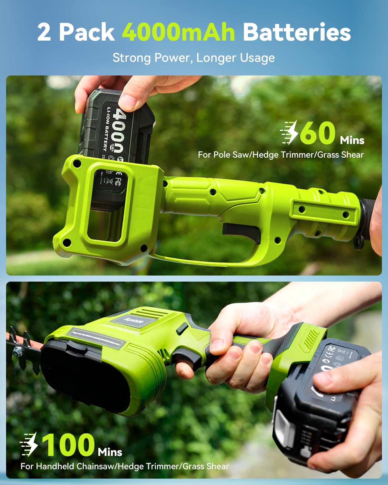 Supstable Mini Kettensäge & Akku Heckenschere Teleskop Combo, 6-in-1 Akku Hochentaster mit 8000mAh Batterie, Reichweite bis 4.8m, Bürstenloser Motor, Ideal für Baumpflege & Holzarbeiten