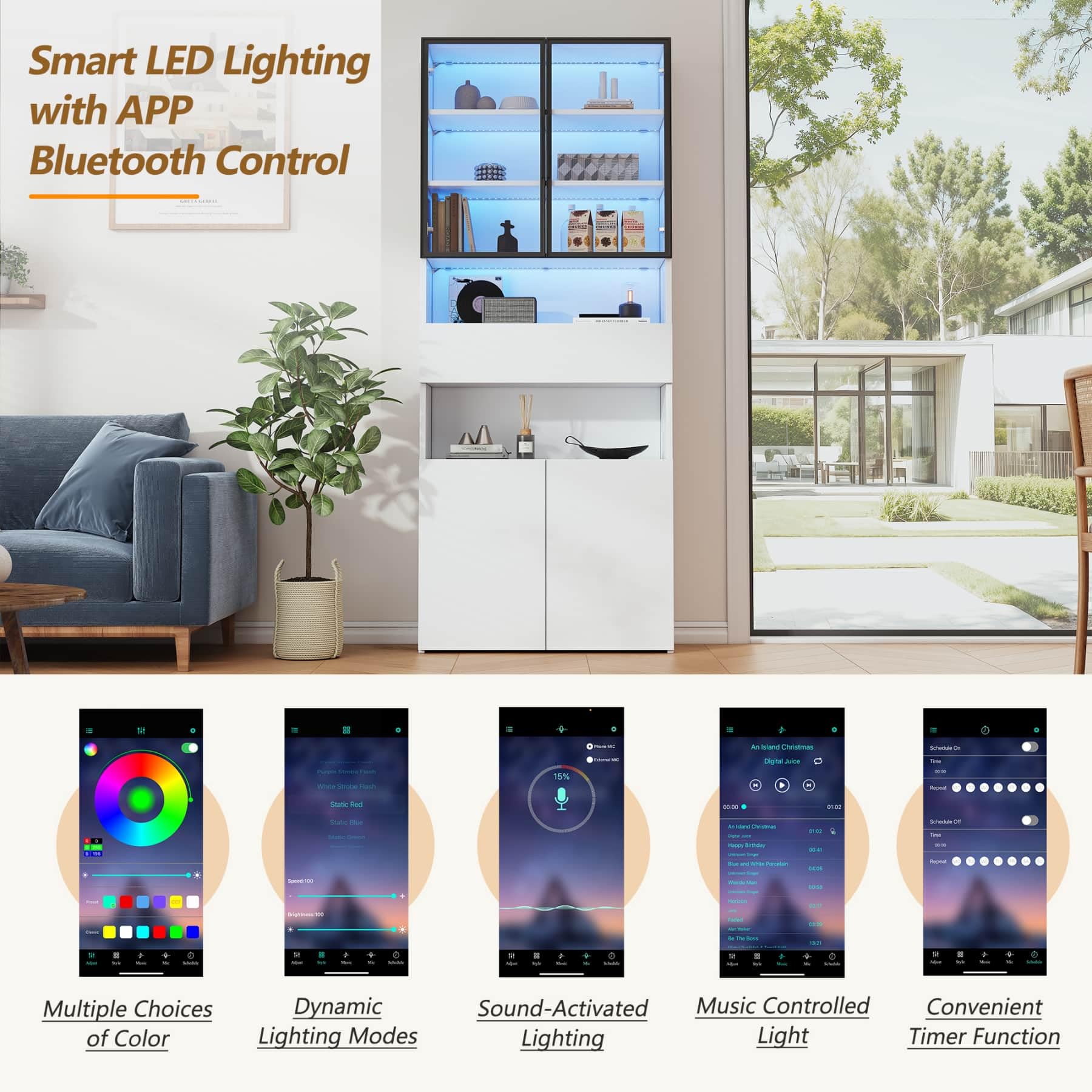 YEHTOKHOME Vitrina con LED y 2 puertas de cristal (blanco) | Cajón, estantes ajustables, biblioteca para libros y colección, para salón, dormitorio u oficina