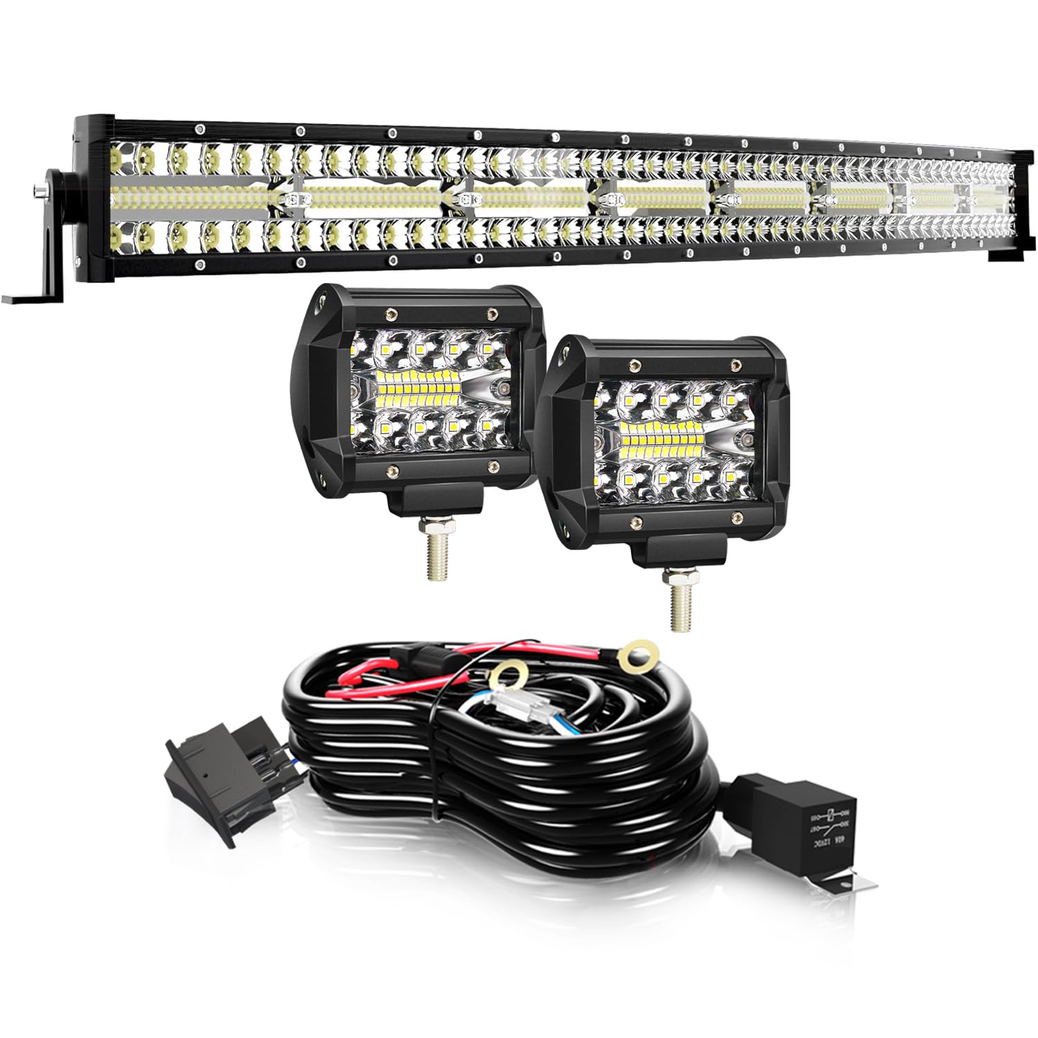 32" LED Light Bar Curved Terrain Vision Triple Row 672W Flood Spot Combo Beam Off Road Lights 2pc 4inch 60W Driving Fog Lights with Rocker Switch Harness Wiring for Trucks ATV UTV Boat Pickup