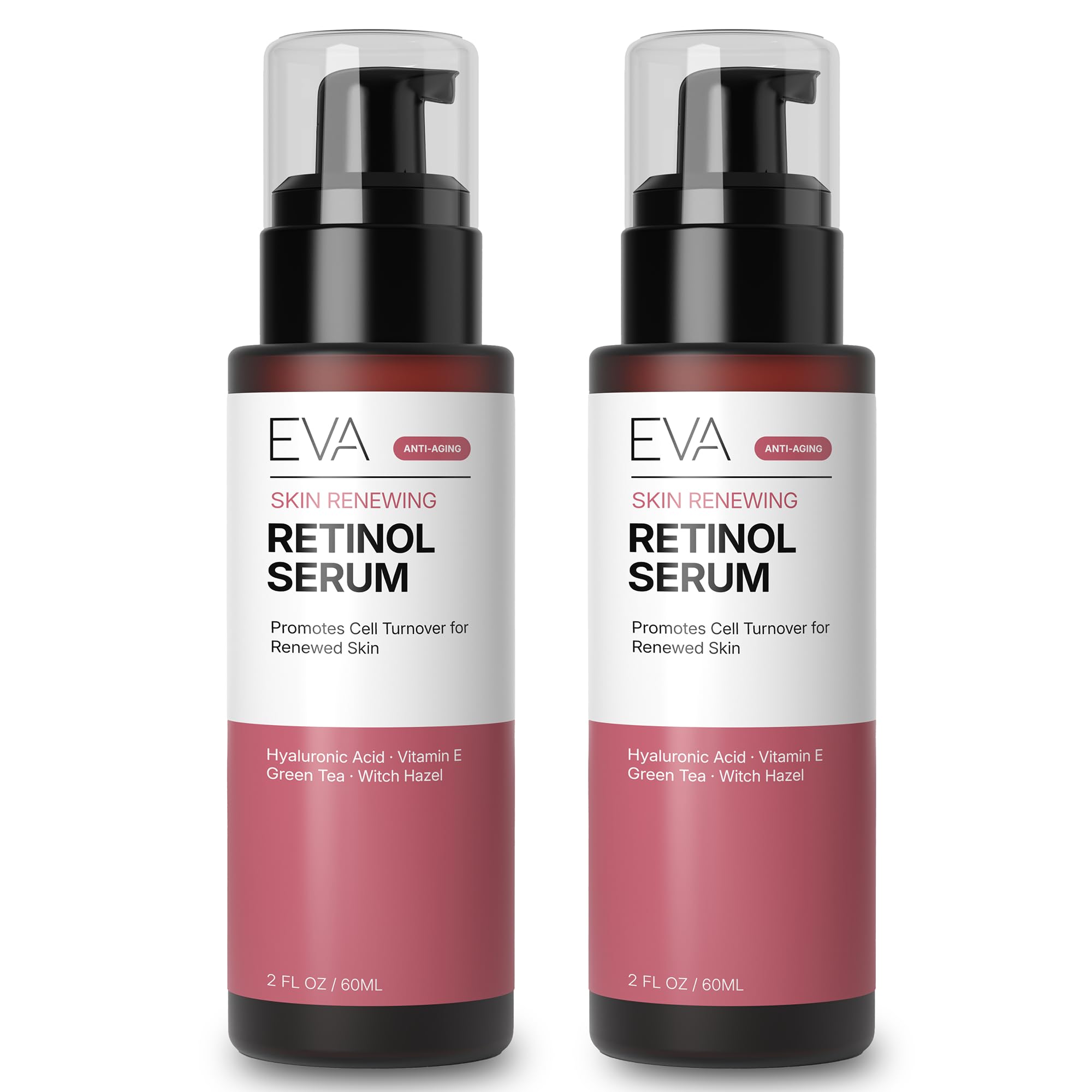 Eva Naturals Retinol Serum, Hyaluronic Acid & Fine Lines, 2 oz, 2-Pack | Lightweight texture, uneven tone, night use, smoother skin, radiant-looking skin