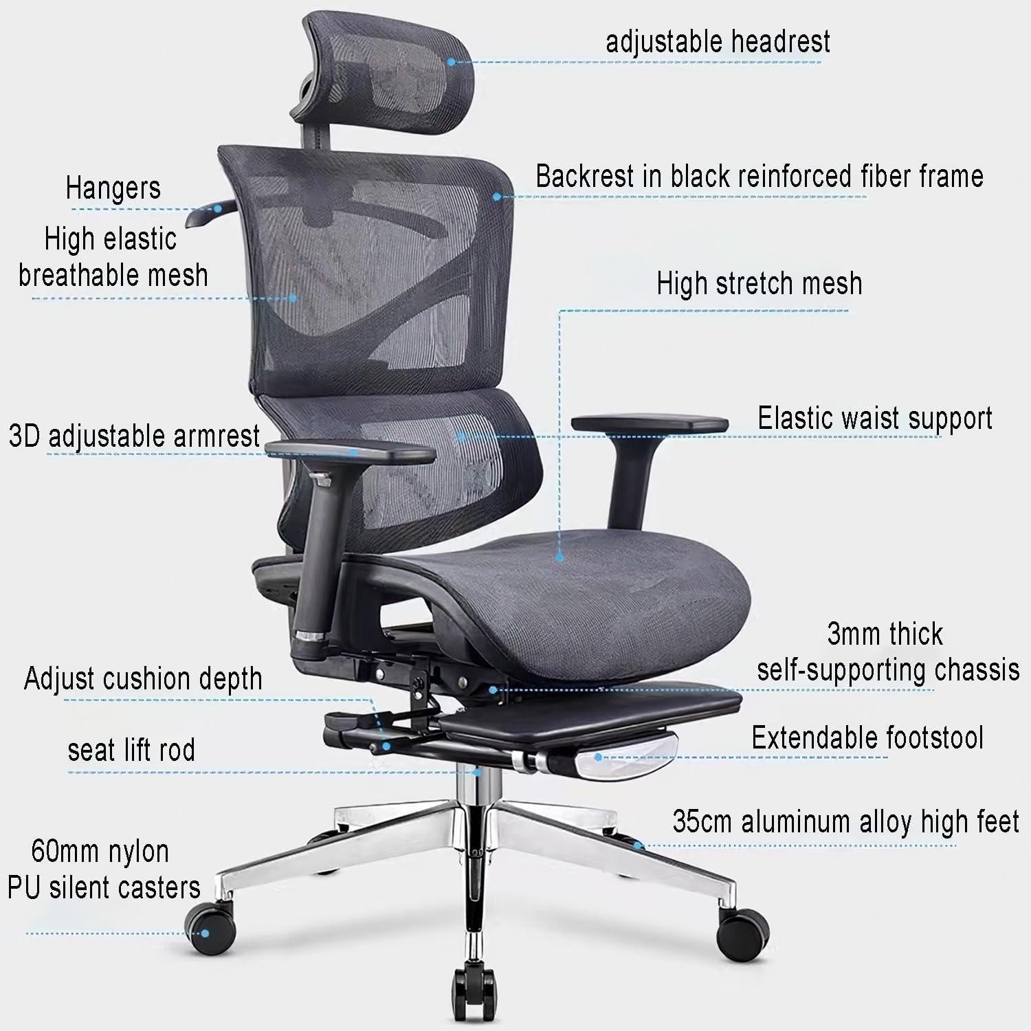 Sedia da Ufficio direzionale in Rete per Computer per casa, ergonomica, Resistente, Girevole con Schienale Alto e Funzione di inclinazione Regolabile, capacità(Grigio1-Taglia Unica