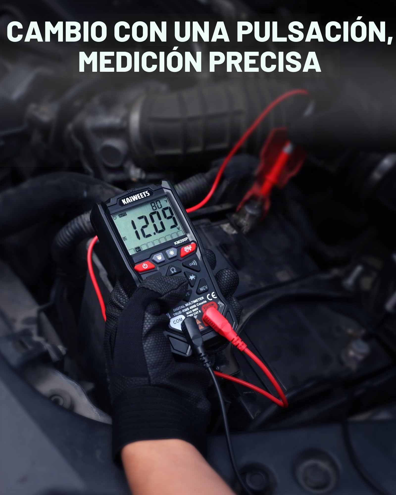 Multímetro Digital KAIWEETS con Control por Botones, 4000 Cuentas, Selección Automática de Rango, TRMS, Función NCV y Prueba de Cable Vivo, Mide Tensión CA/CC, Resistencia, Continuidad y Capacidad