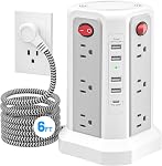 PASSUS Tower Power Bar with Surge Protector,10 FT Long Extension Cord Indoor with 12AC Multiple Outlet and 5 USB(1 USB C) Ports, Power Tower Desktop Charging Station,White
