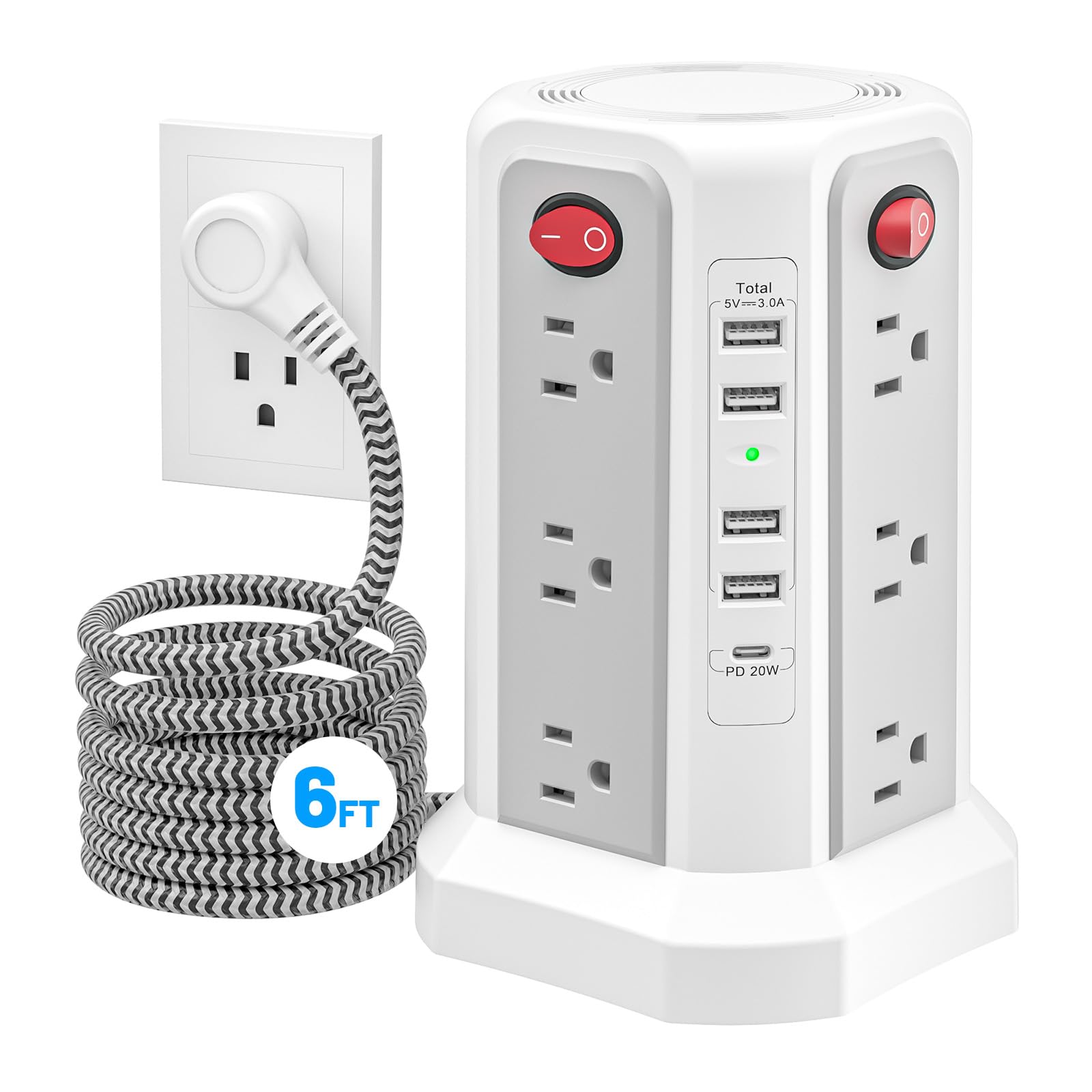 PD20W USB C - Regleta protectora contra sobretensiones, cable de extensión de 6 pies de largo