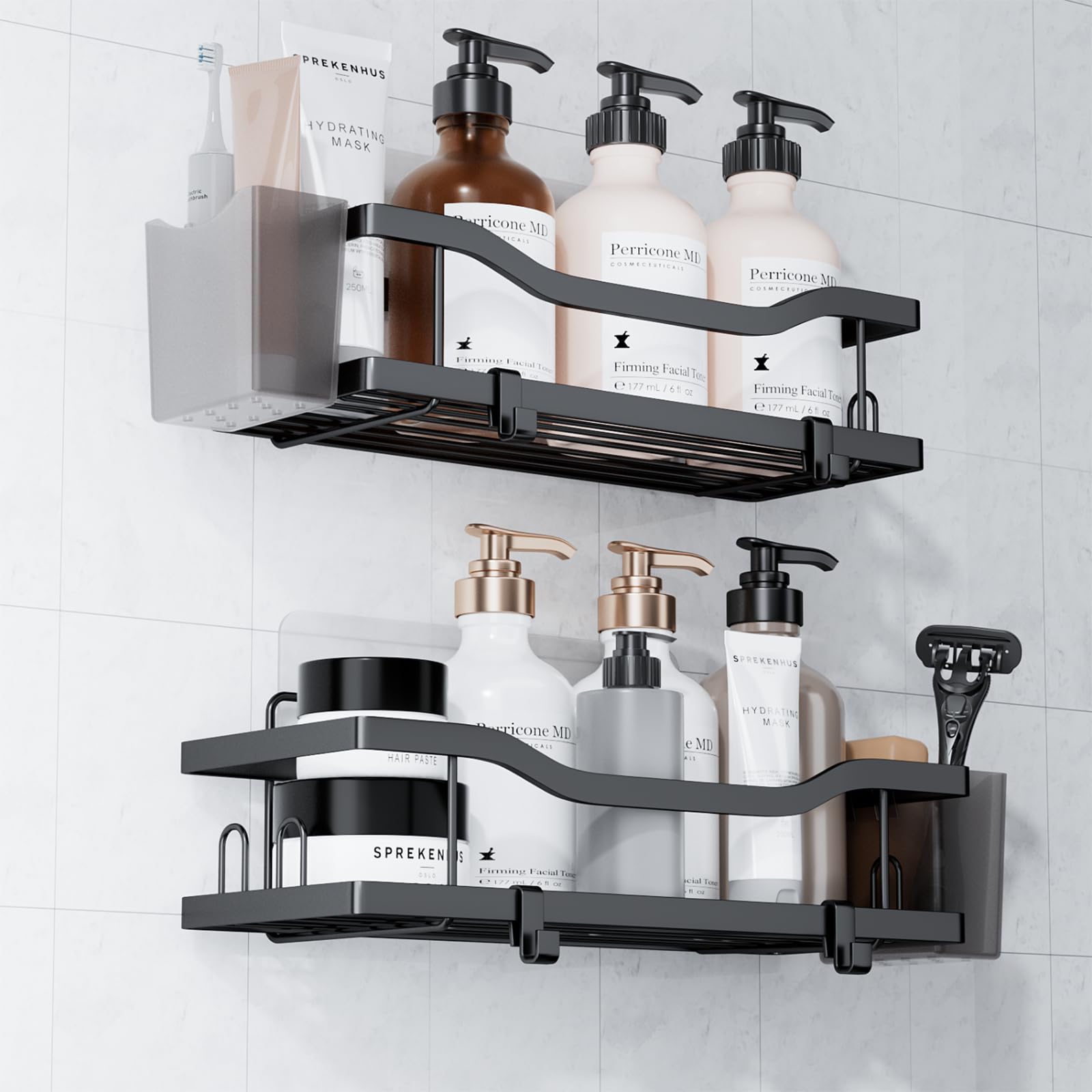 2-Pack Adhesive Shower Caddy Black Rustproof Stainless Steel Bathroom Shelves with Removable Hooks Toothpaste Holder No-Drill Wall Mounted