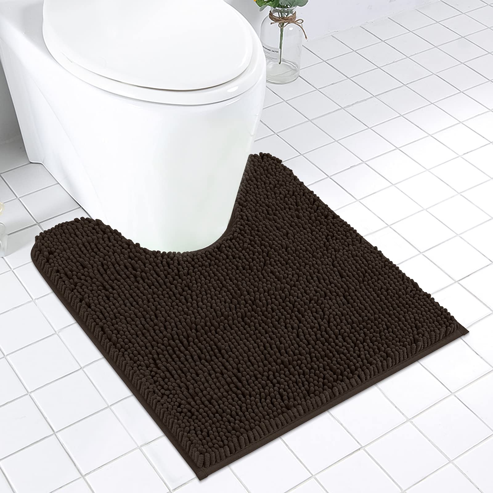 MAYSHINESoft Plush Chenille Around Toilet - Cold Feet Protector Bathroom Rug, Absorbent Microfiber Contour/U Shape Bath Mat, Machine Washable, Non-Slip Grip, Quick-Dry, Thick Shaggy (Brown, 24"x20")
