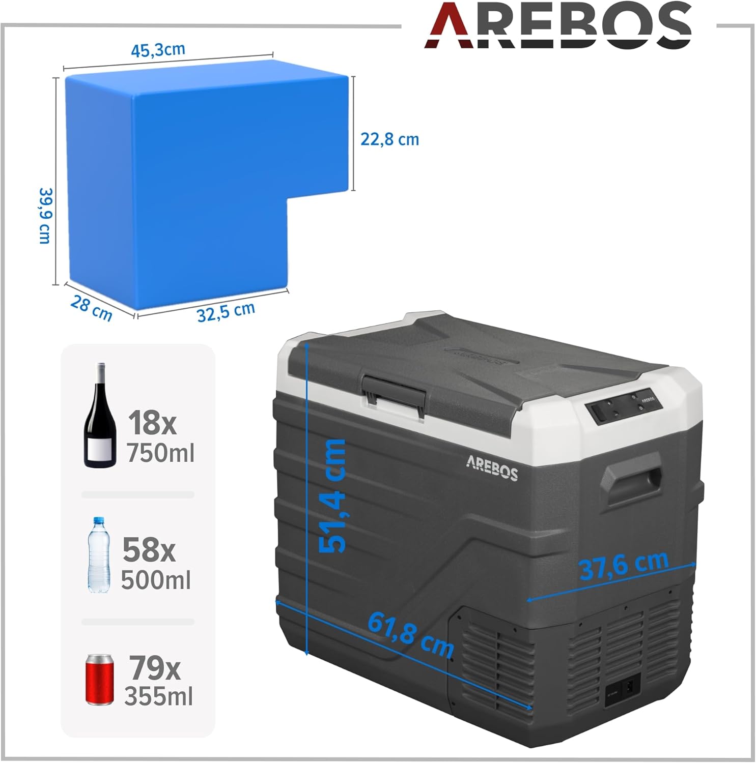 Diagram showing the dimensions and capacity of the AREBOS 43-liter cooler