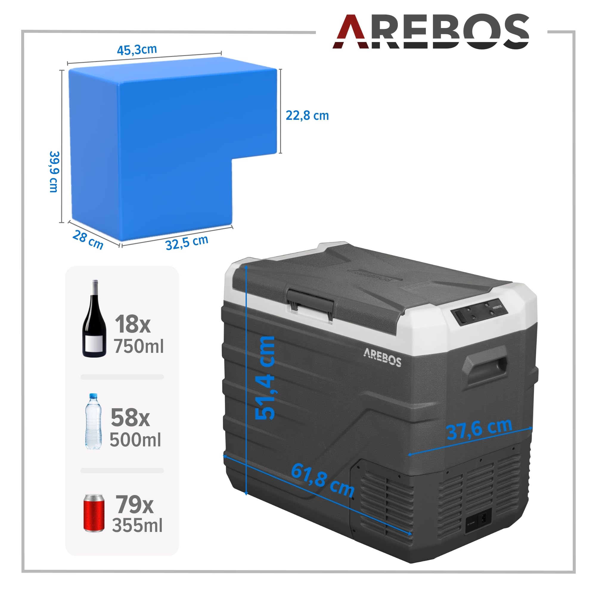 Arebos Kompressor Kühlbox 43 Liter Elektrische Gefrierbox APP Smart-Steuerung Mobile Kühltruhe USB-Anschluss -20 °C 12/24 V 230V