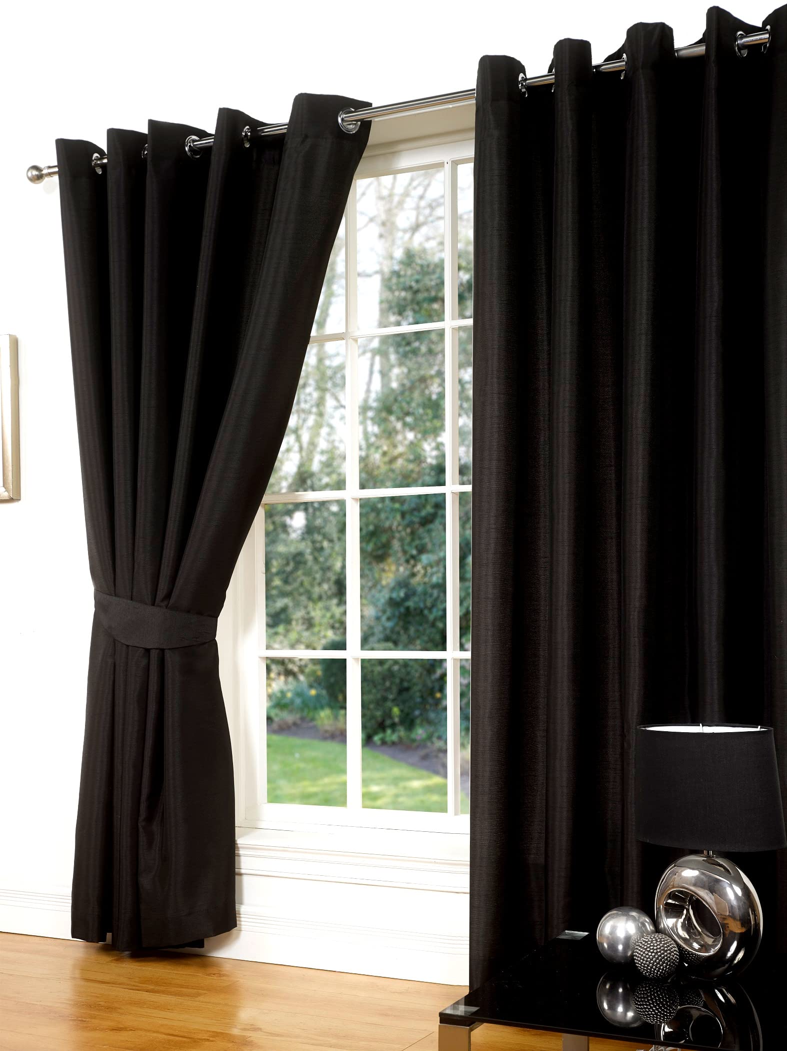 Littens 46" x 54" (117cm x 137cm) Luxury Black Faux Silk Slubb Effect Eyelet, Ring Top Pair Curtains, Lined Inc Tiebacks Lightweight
