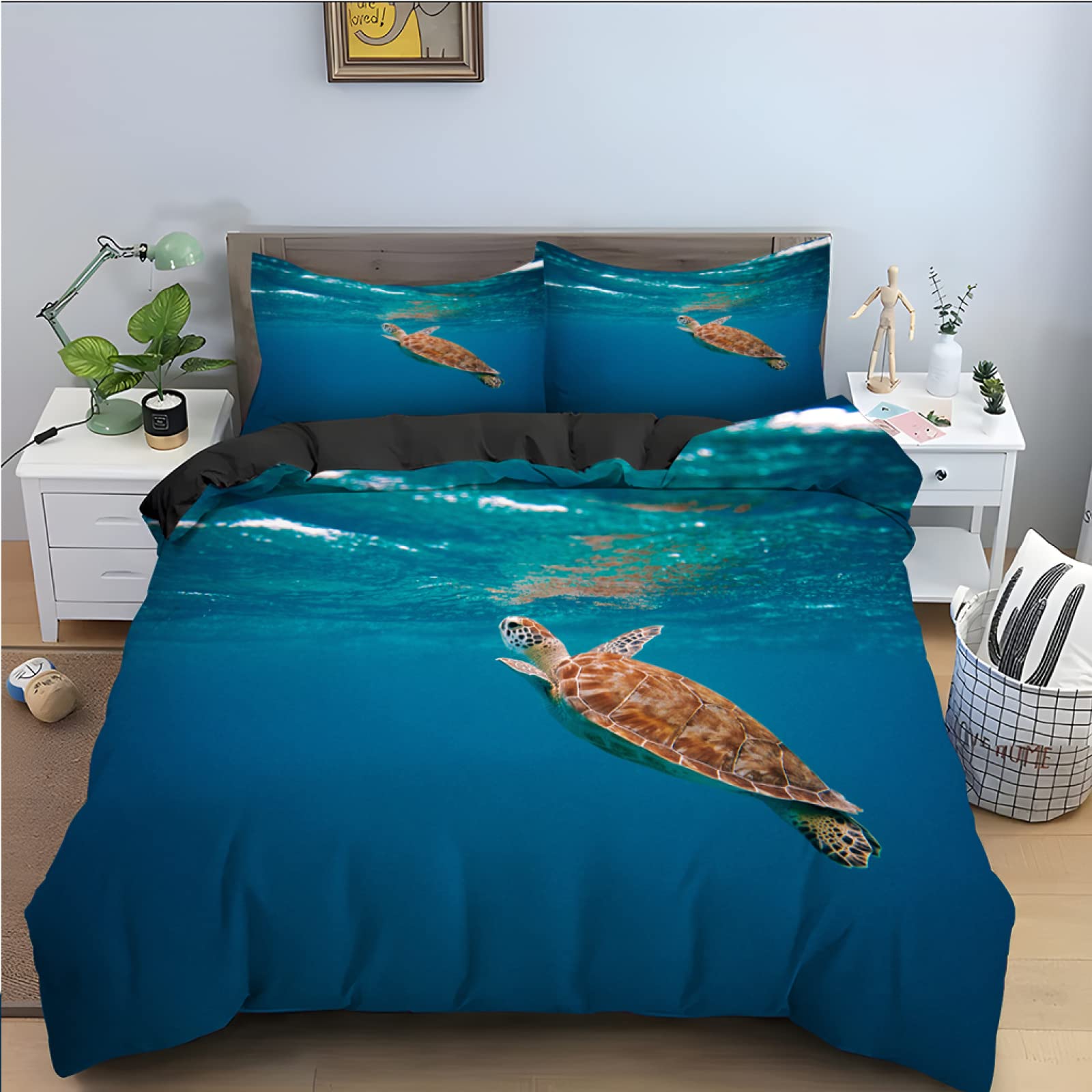 Housse de Couette 90x190 Tortue Parure de Lit 1 Personne Sets de Housses de Couettes Microfibre avec 2 Taies d'oreiller 65x65cm, Plante Motif Parures de Lit