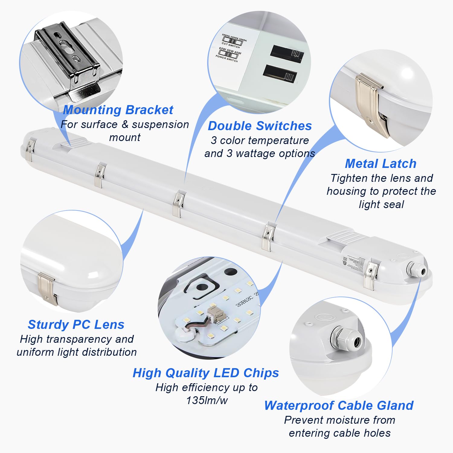 4FT LED Vapor Tight Lights 40W-50W-60W Power Selectable 3CCT 3000K-4000K-5000K Vapor Proof Light IP66 Waterproof LED Shop Light — view 4