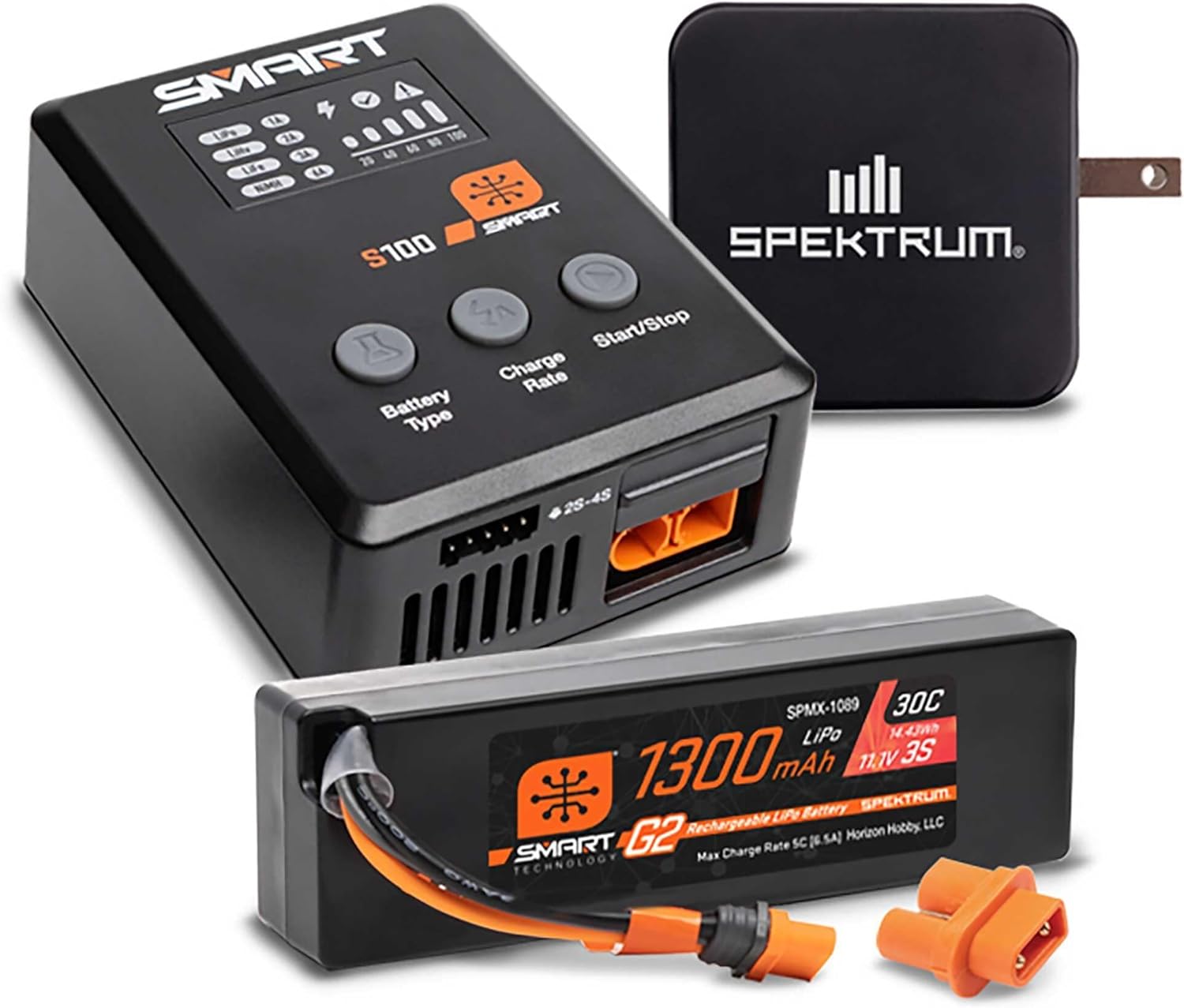 Spektrum Accessories Smart Powerstage Bundle: 1300mAh 3S 30C LiPo Battery (IC2) / S100 Charger / 65W Power Block/Adapter, SPMXPSS315