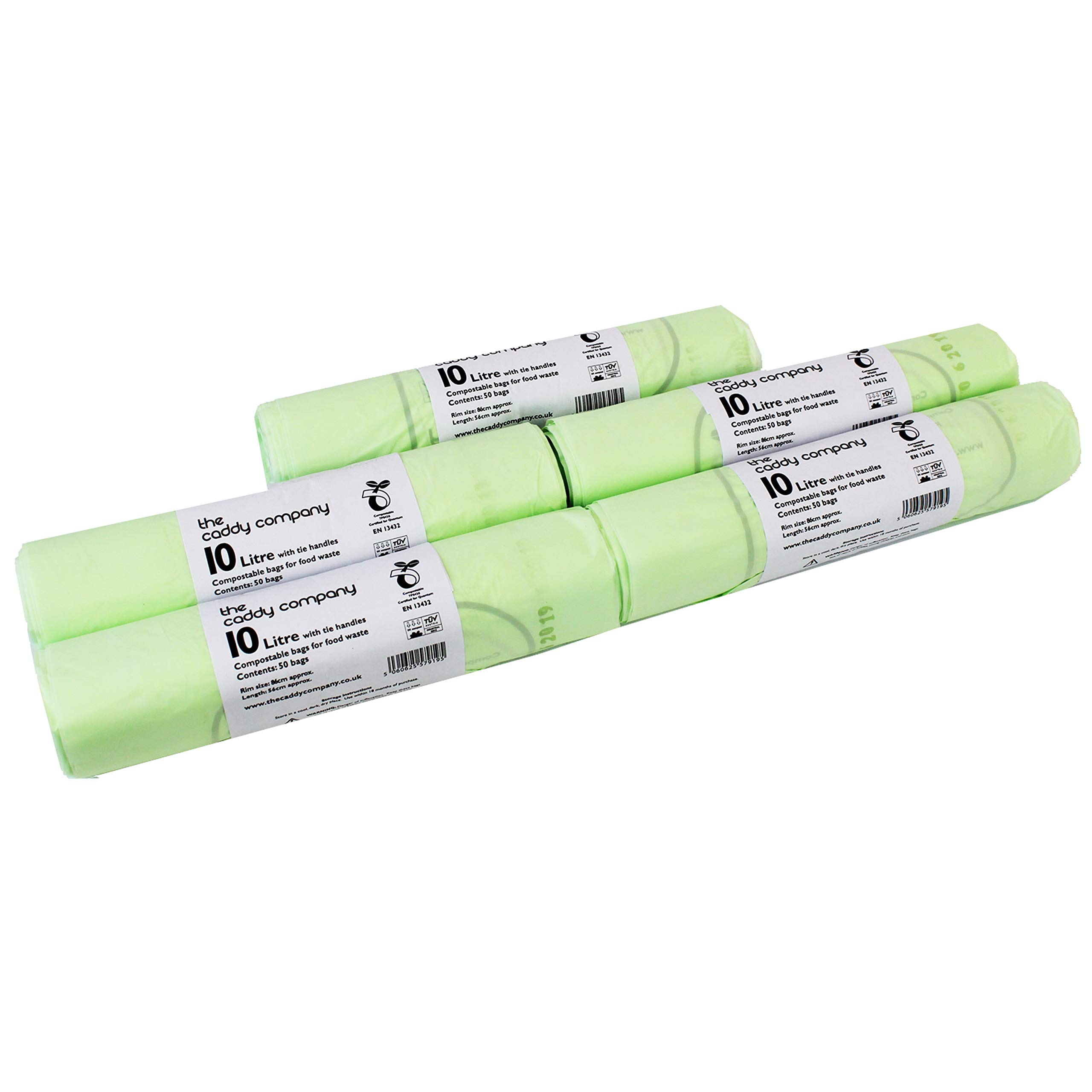 10L x 250 Tie Handle Compostable Kitchen Caddy Liners - Large Food Waste Bin Liners - EN 13432-10 Litre Tie-Handle Bags with Composting Guide